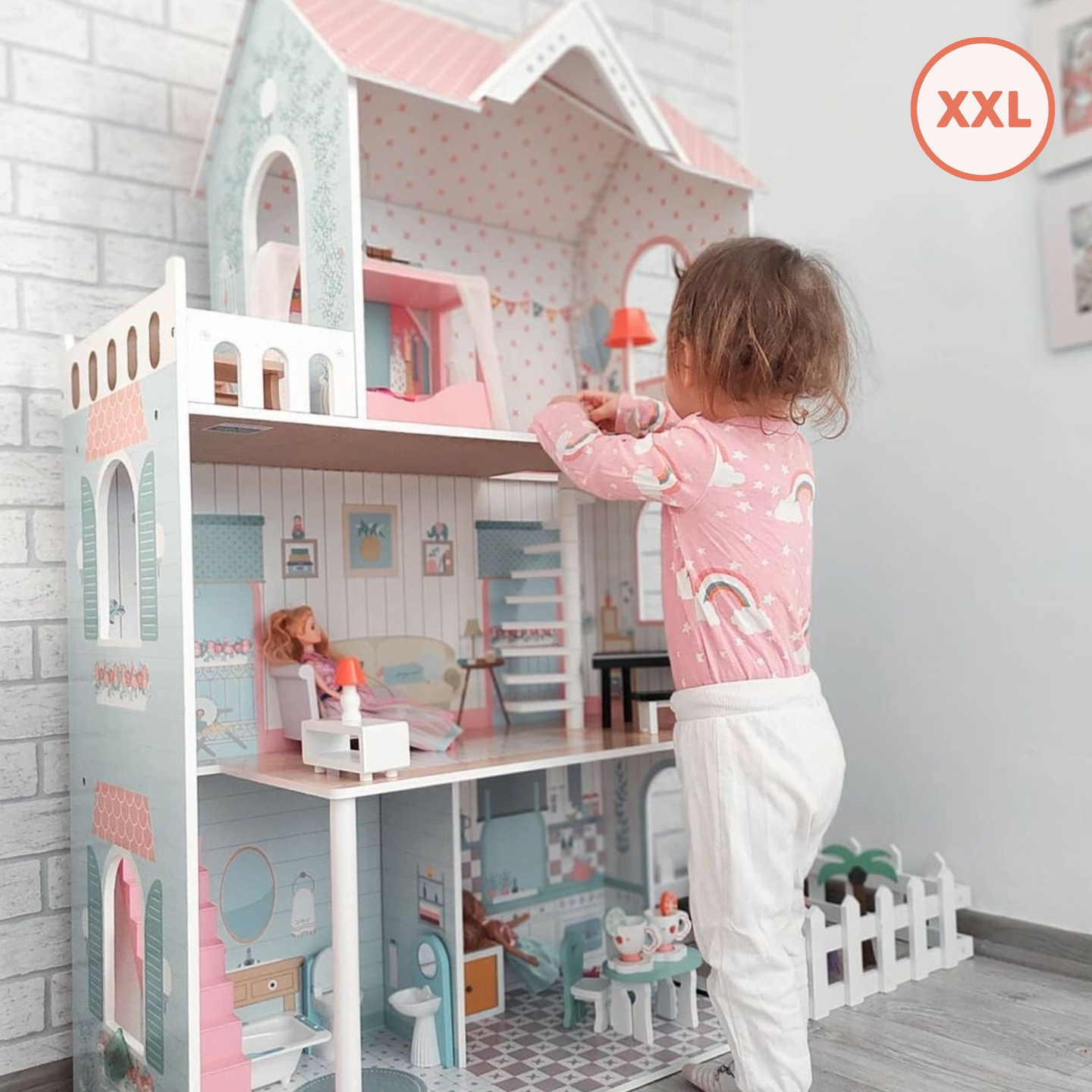 XXL Didžiausias medinis lėlių namelis - 123 cm - LED apšvietimas - terasa, aksesuarai, sodas