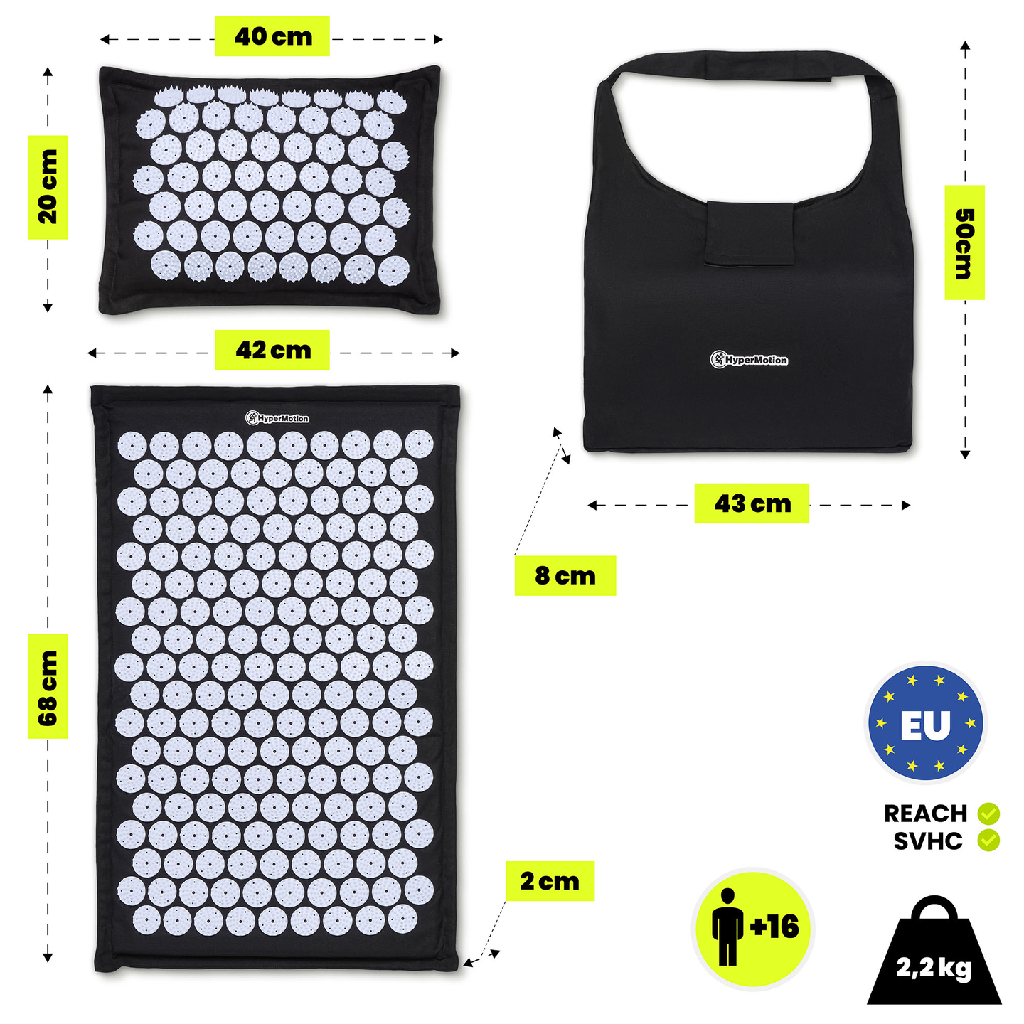 EKO lininis akupresūros kilimėlis su kokoso pluoštu ir grikių pagalvėle – 68 cm „HyperMotion“ juodos ir baltos spalvos