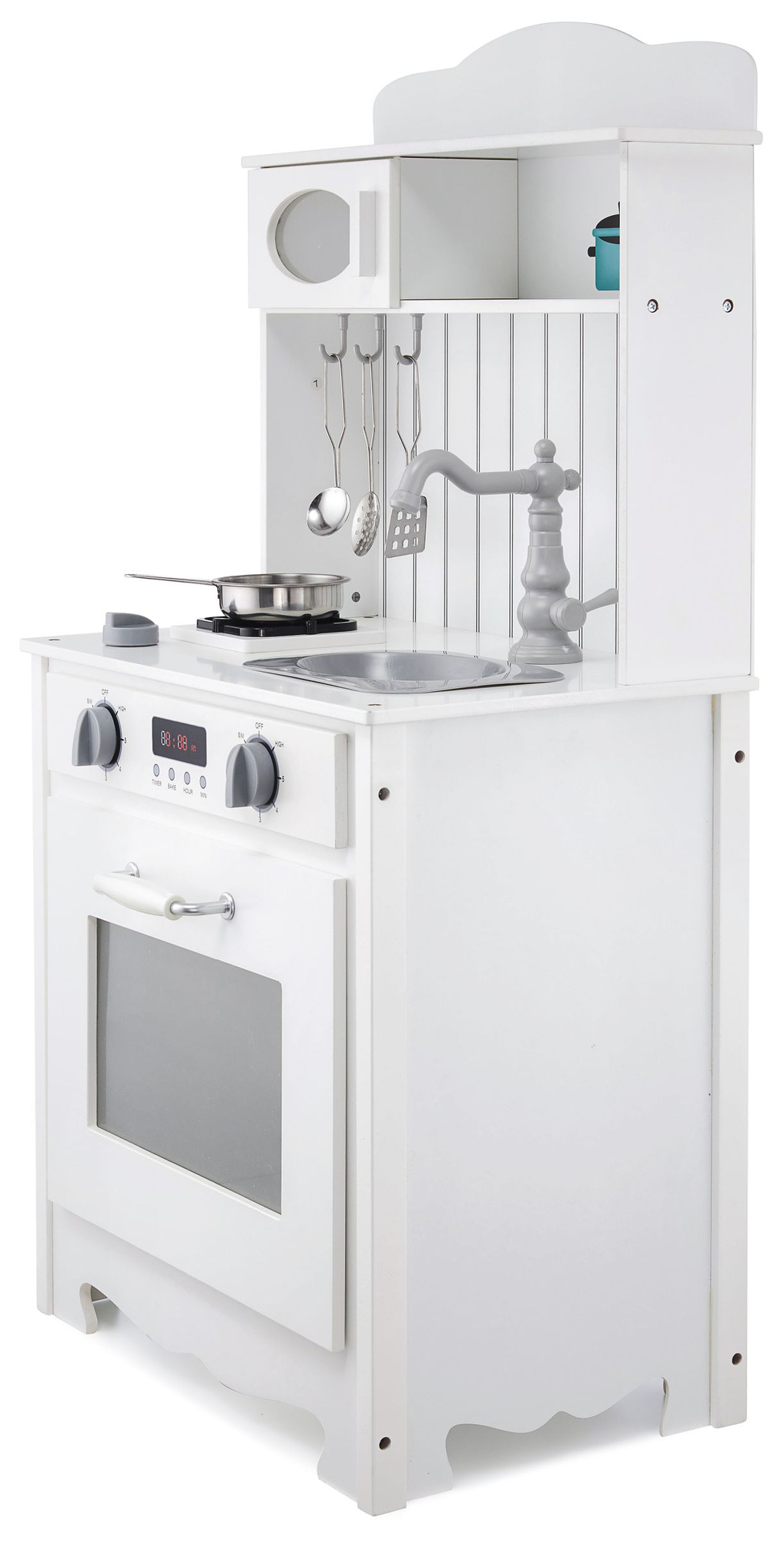 Balta medinė virtuvė su prijuoste, priedais ir LED lempa