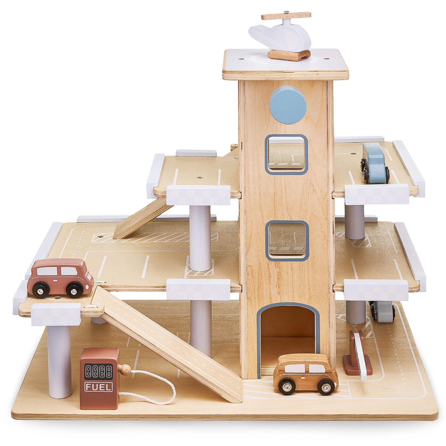 Medinė trijų aukštų automobilių stovėjimo aikštelė su liftu - garažas automobiliams ir sraigtasparniui