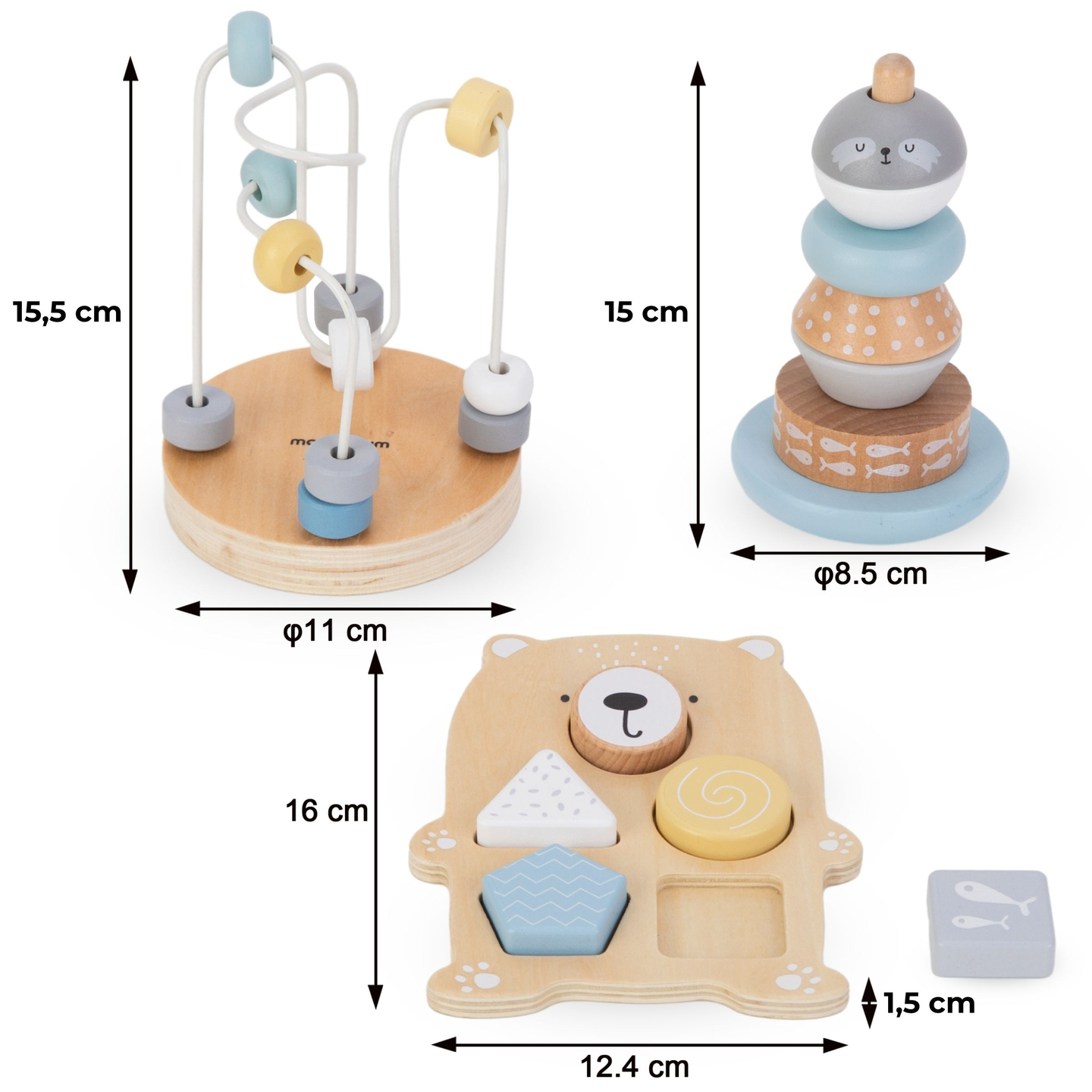 Medinių žaislų rinkinys - spalvotas persipynimas, ruonių piramidė, meškiukų rūšiuoklė
