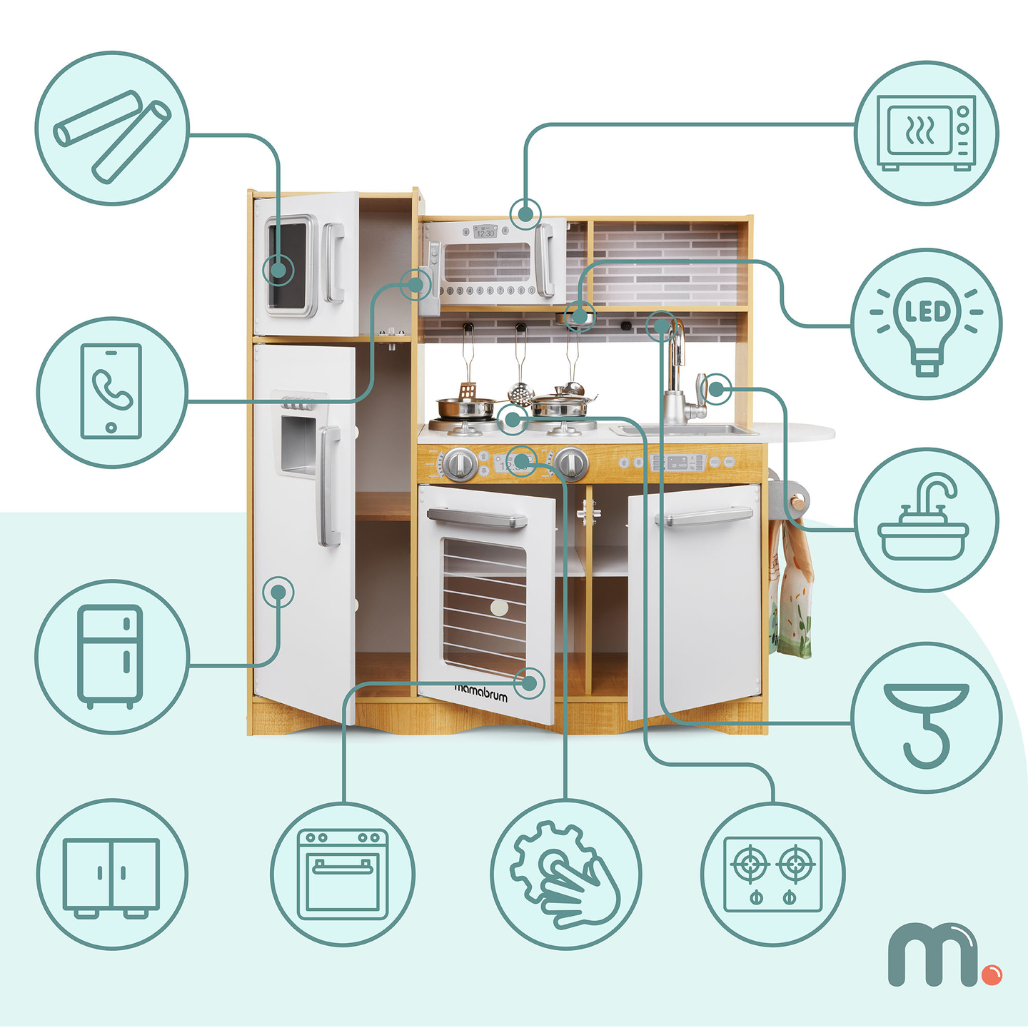 XXL medinė virtuvė su LED apšvietimu, prijuoste ir priedais