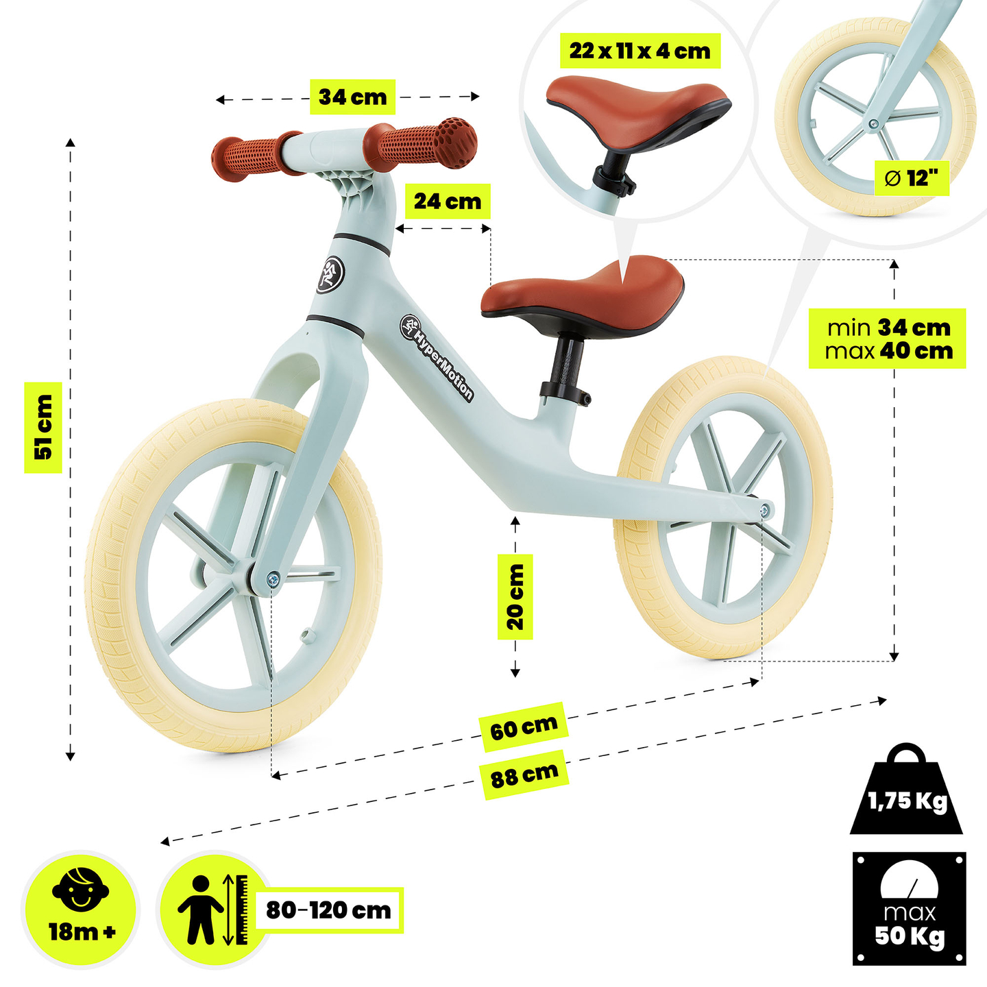 "HyperMotion Marcelo" vaikiškas krosinis dviratis - mėtų spalvos