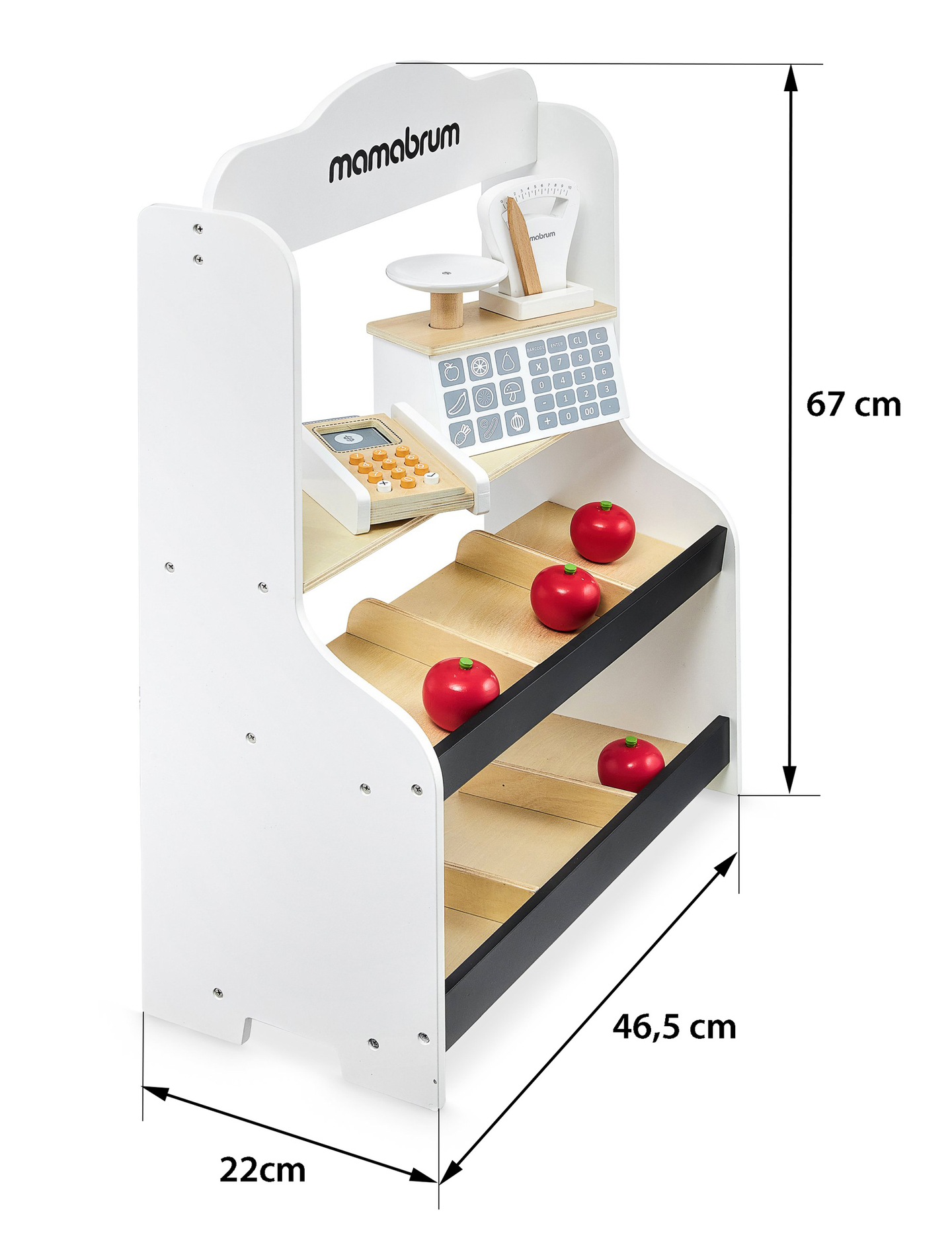 Mini turgus - parduotuvė su svarstyklėmis, terminalu, mokėjimo kortele ir vaisiais