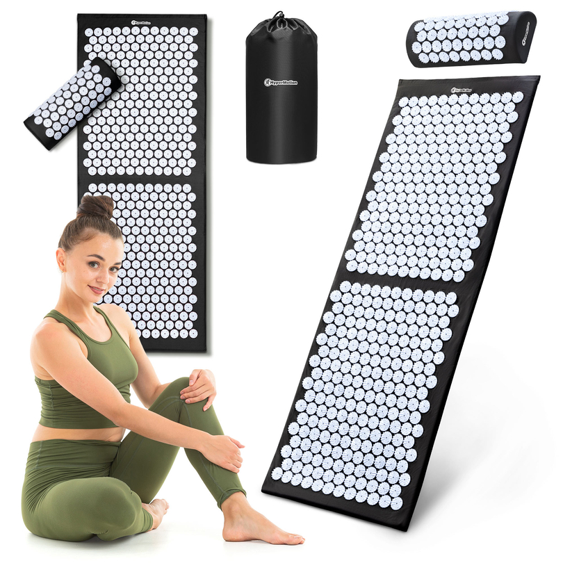 Didelis akupresūros kilimėlis su pagalvėle ir užvalkalu – 130 cm „HyperMotion“ juodos ir baltos spalvos