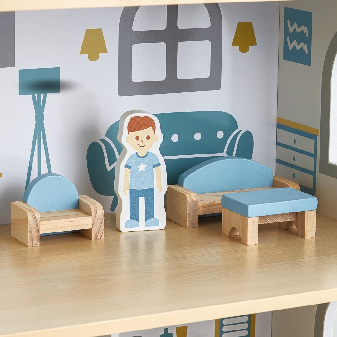 Baltas medinis lėlių namelis su terasa ir priedais