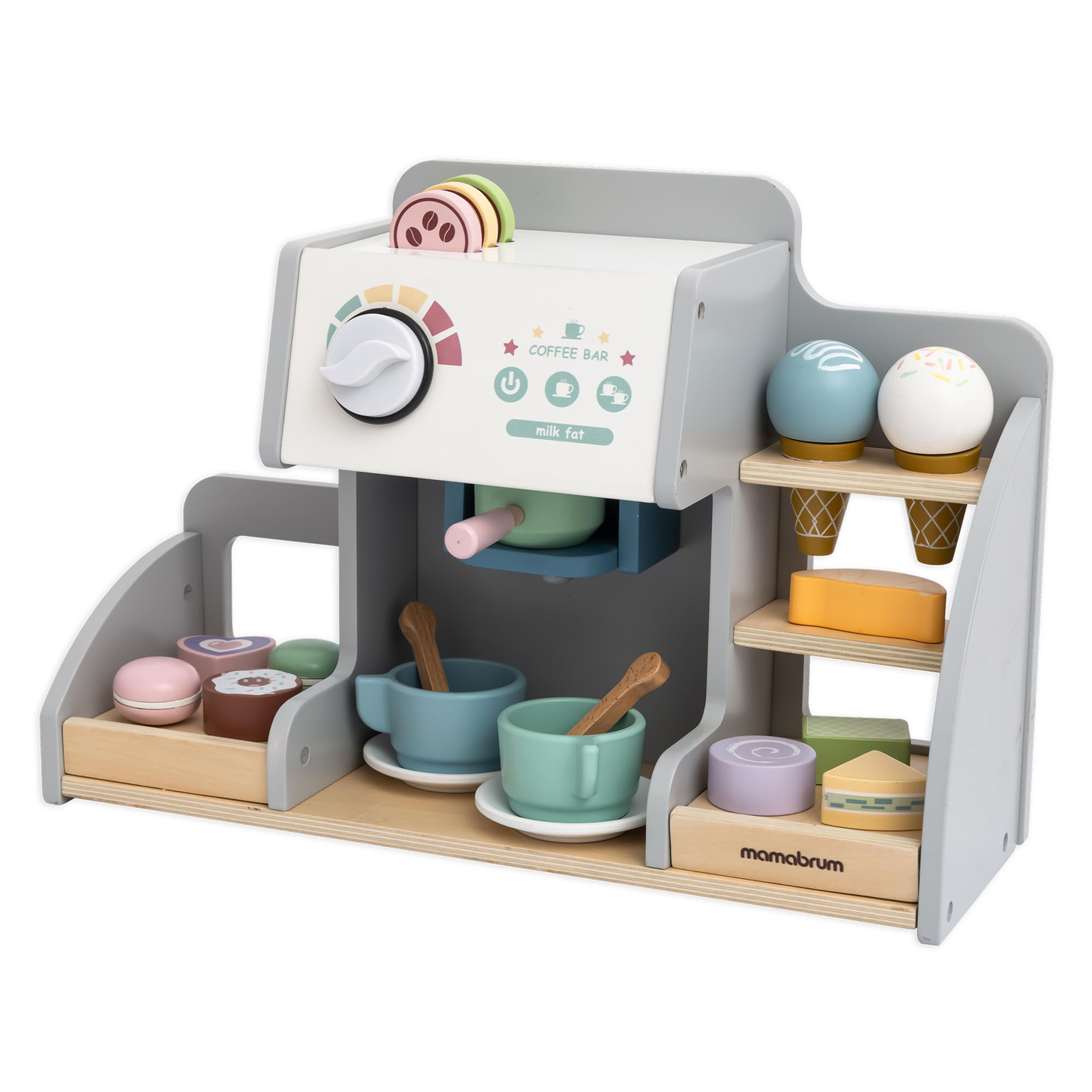 Didelė medinė ledainė su magnetine lenta, kavos aparatu ir ledų bei desertų rinkiniu - daugiau nei 70 detalių!