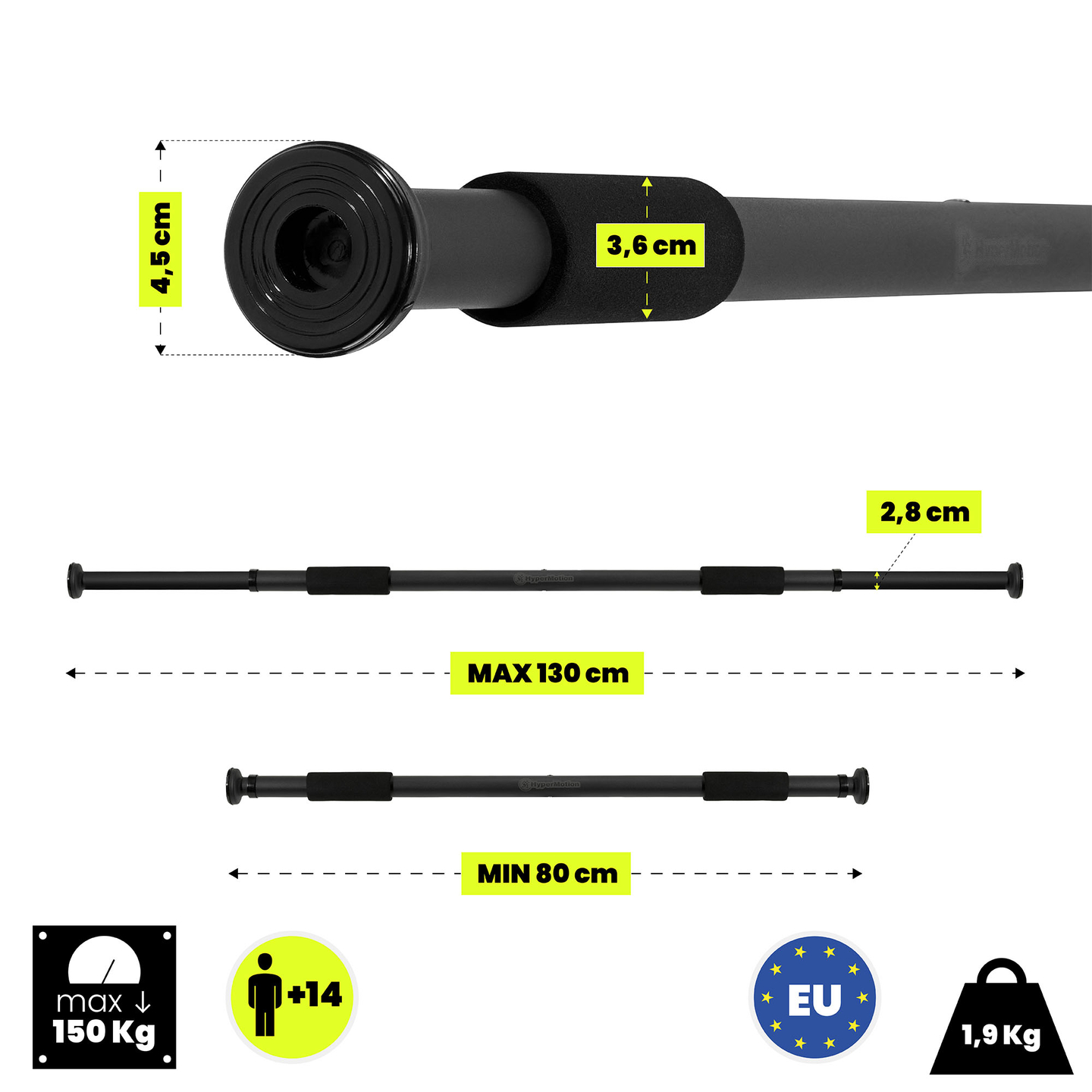 HyperMotion reguliuojamas prisitraukimų skersinis 80–130 cm, 150 kg, juodas