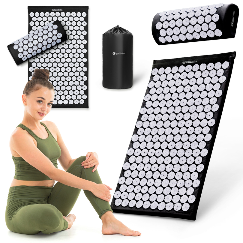 Akupresūros kilimėlis su pagalvėle ir užvalkalu – 72 cm „HyperMotion“ juodos ir baltos spalvos