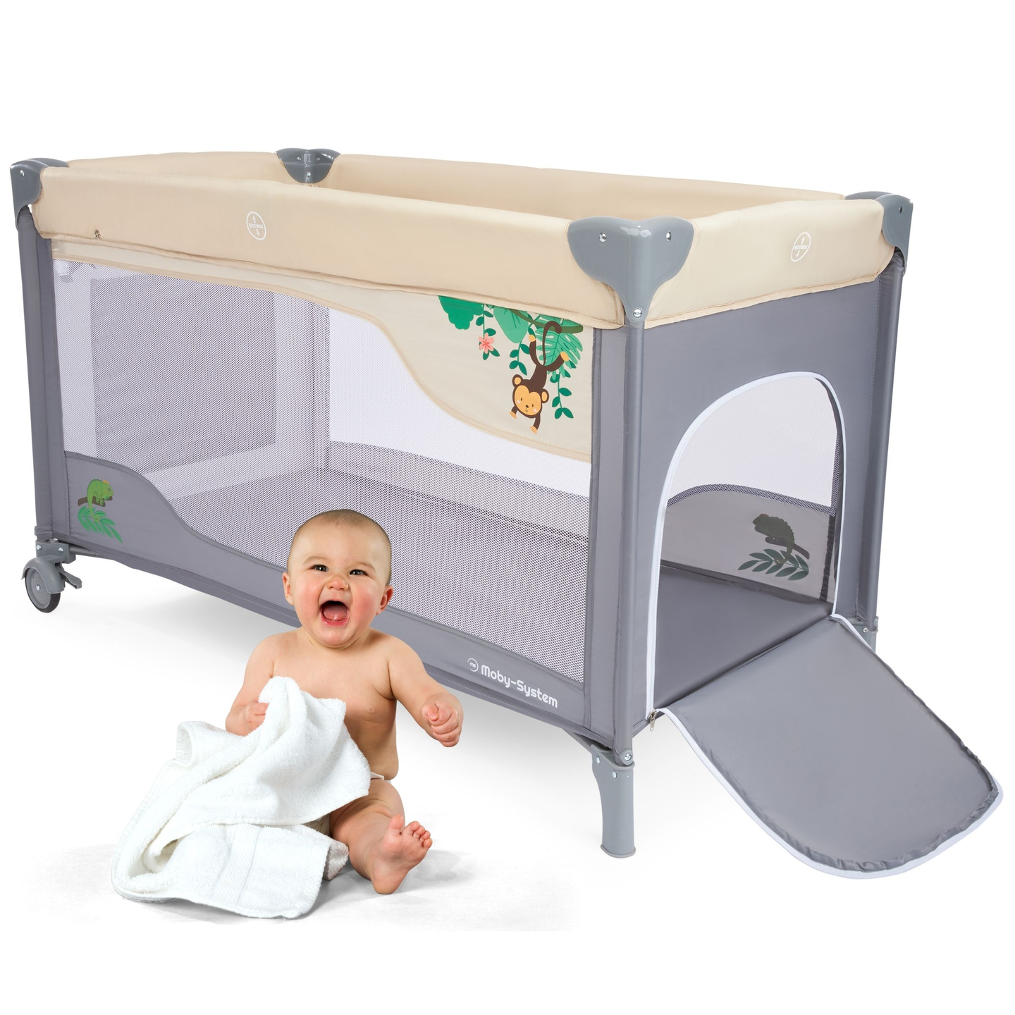 Kelioninė lovelė 0 - 36 m su persirengimo stalu + Moby-System HUXLEY maniežas