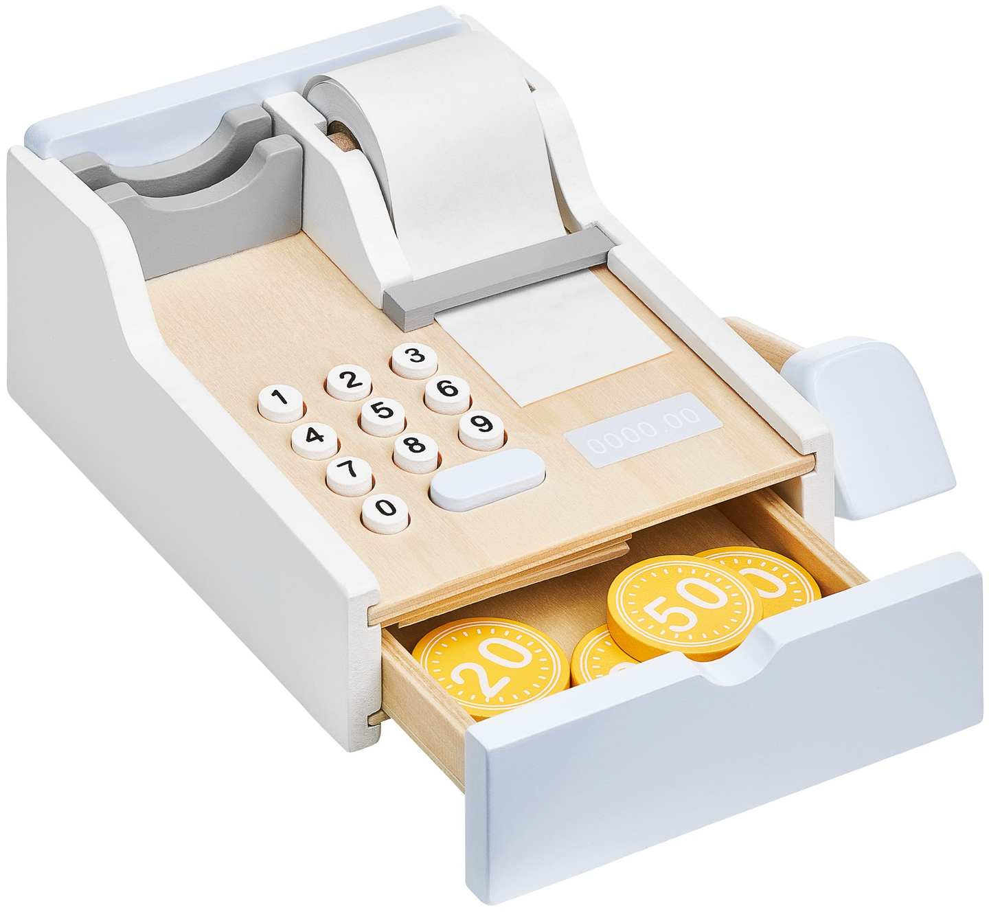 Daržovių parduotuvė - medinis prekystalis su dėžėmis, kasos aparatu ir terminalu