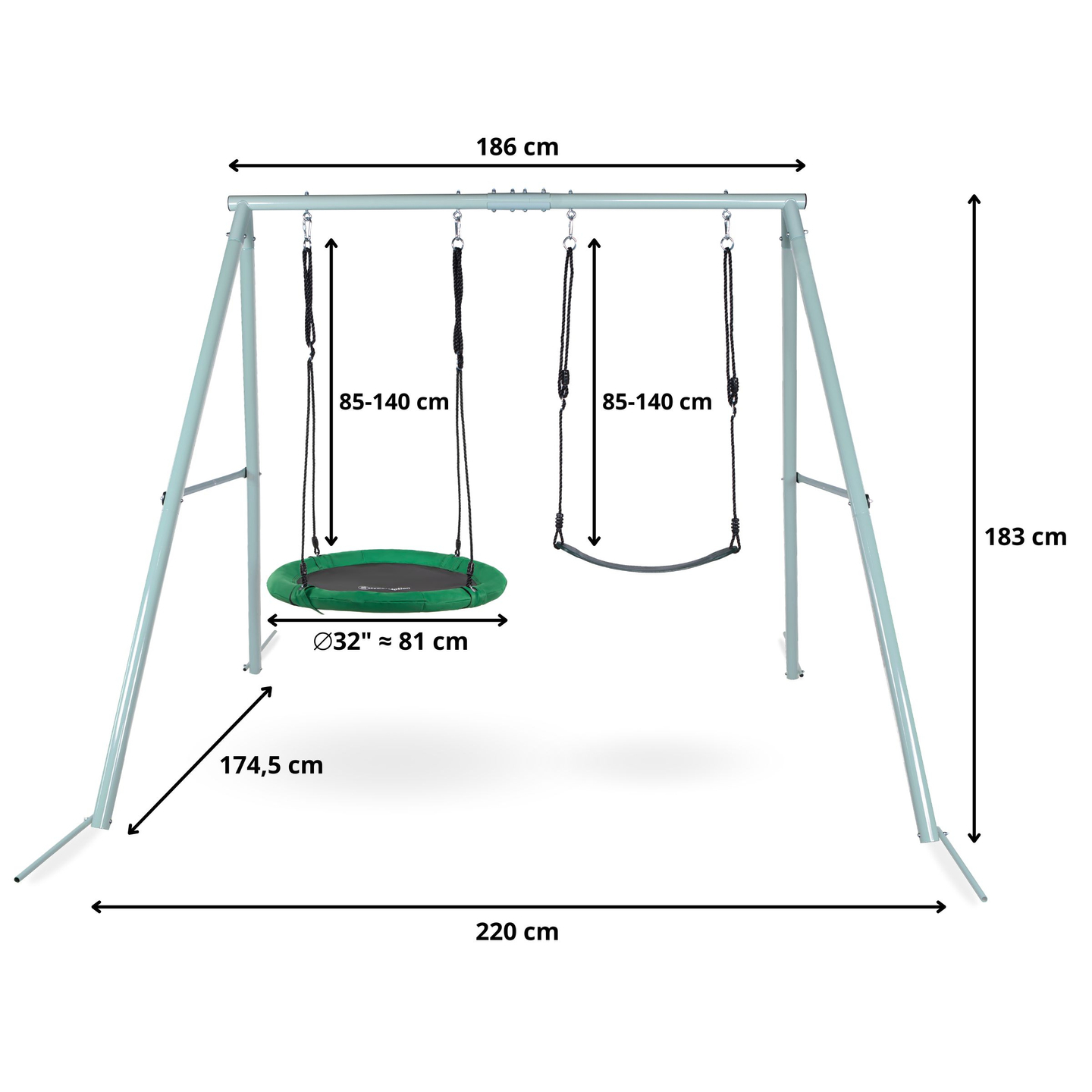 Dvigubos sodo sūpynės su karkasu ir virvėmis - sėdyne ir gandralizdžiu