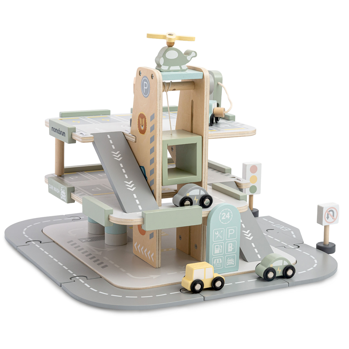 Medinis, trijų aukštų garažas vaikams su priedais – automobilių stovėjimo aikštelė, degalinė, automobilių plovykla, sraigtasparnis