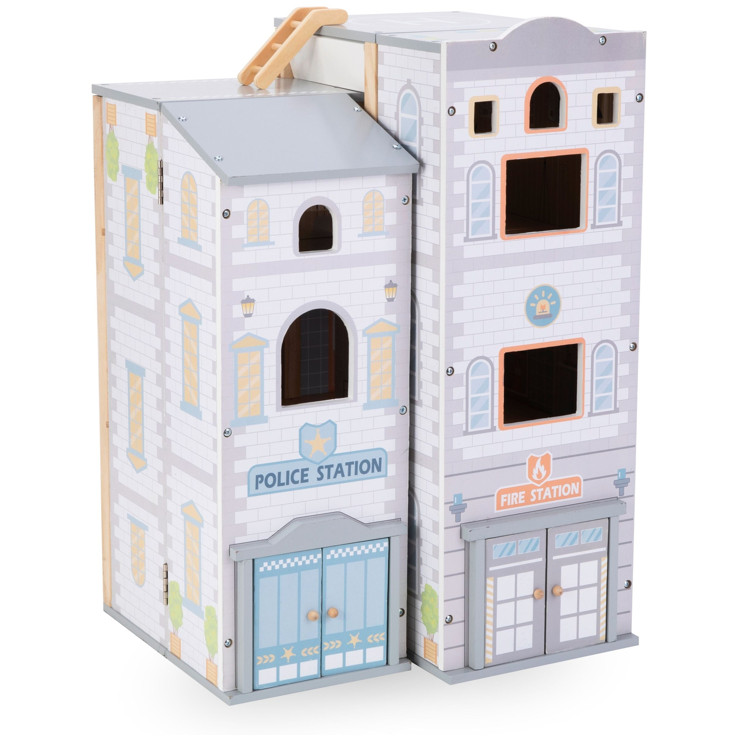 Didelė sulankstoma gaisrinė su policijos nuovada - medinis rinkinys. Gaisrinė ir policijos nuovada su priedais.