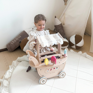 Medinė ledų salė vaikams - vežimėlis ant ratukų su priedais