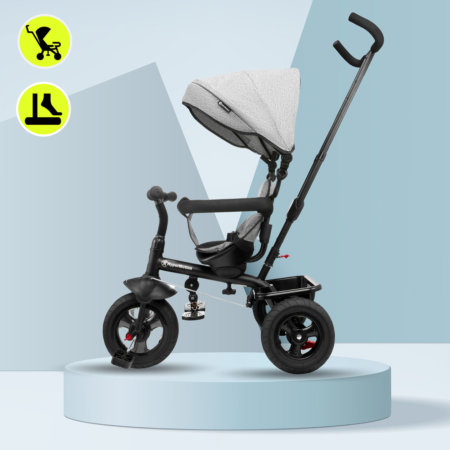 Triratukas 1-4 metų vaikams - TOBI FREY - pilka spalva - pasukamas - pompiniai ratai + stūmiklis