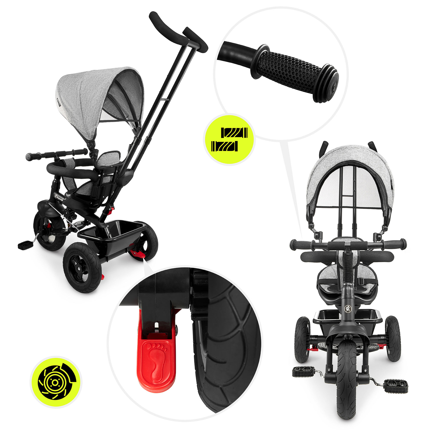 Triratukas 1-4 metų vaikams - TOBI FREY - pilka spalva - pasukamas - pompiniai ratai + stūmiklis