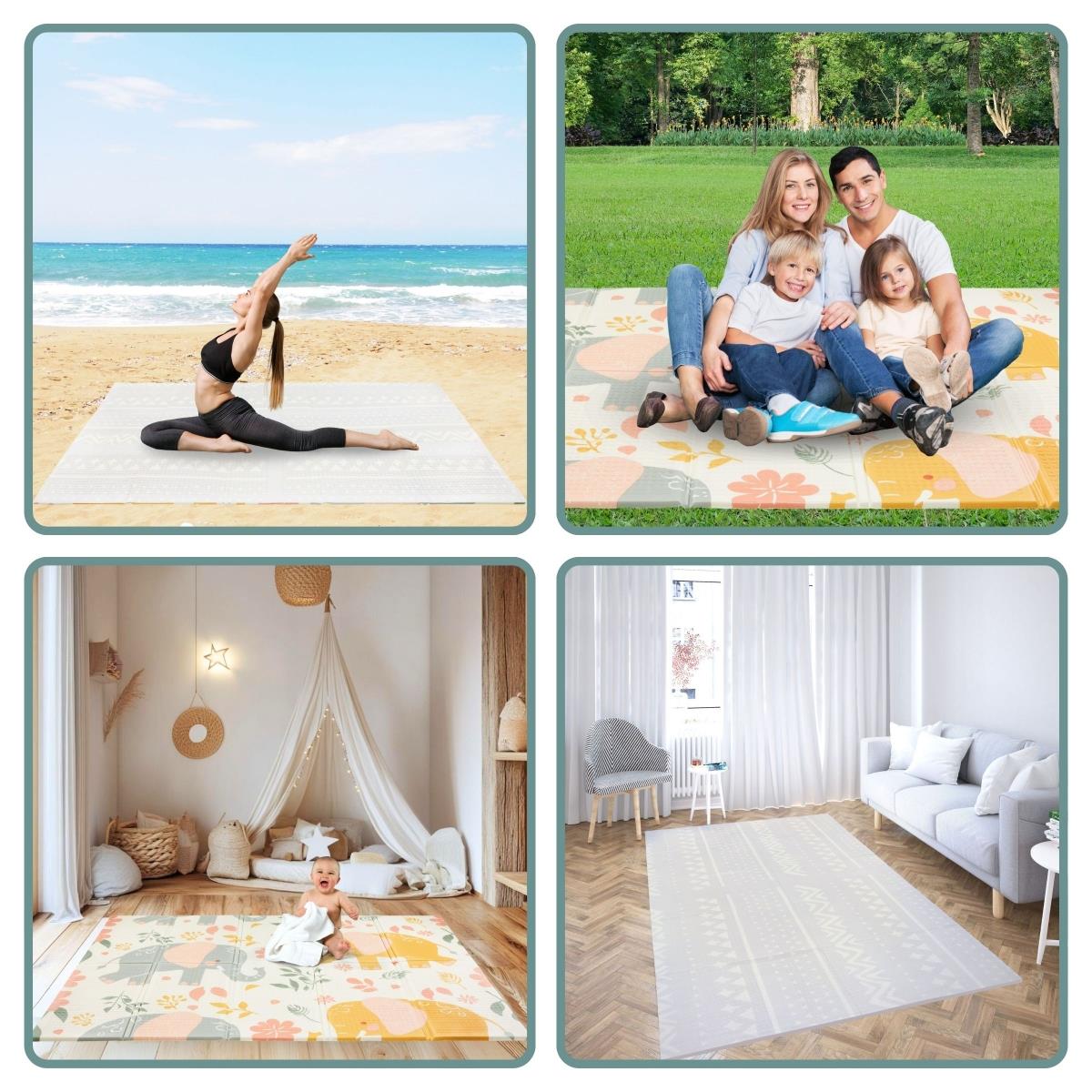 Dvipusis sulankstomas putplasčio kilimėlis 180 x 120 x 1 cm - Egzotiški drambliai / švelniai pilka