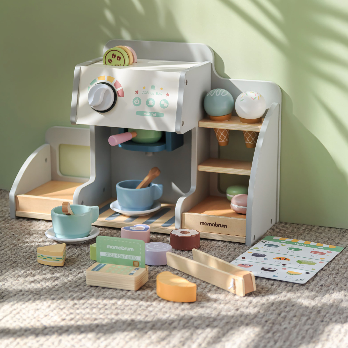 Didelė medinė ledainė su magnetine lenta, kavos aparatu ir ledų bei desertų rinkiniu - daugiau nei 70 detalių!