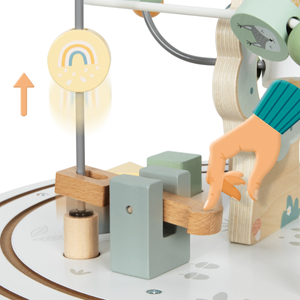 Medinis apvalus mokomasis stalas su magnetiniu traukinuku ir karoliukų paleidimo įtaisu