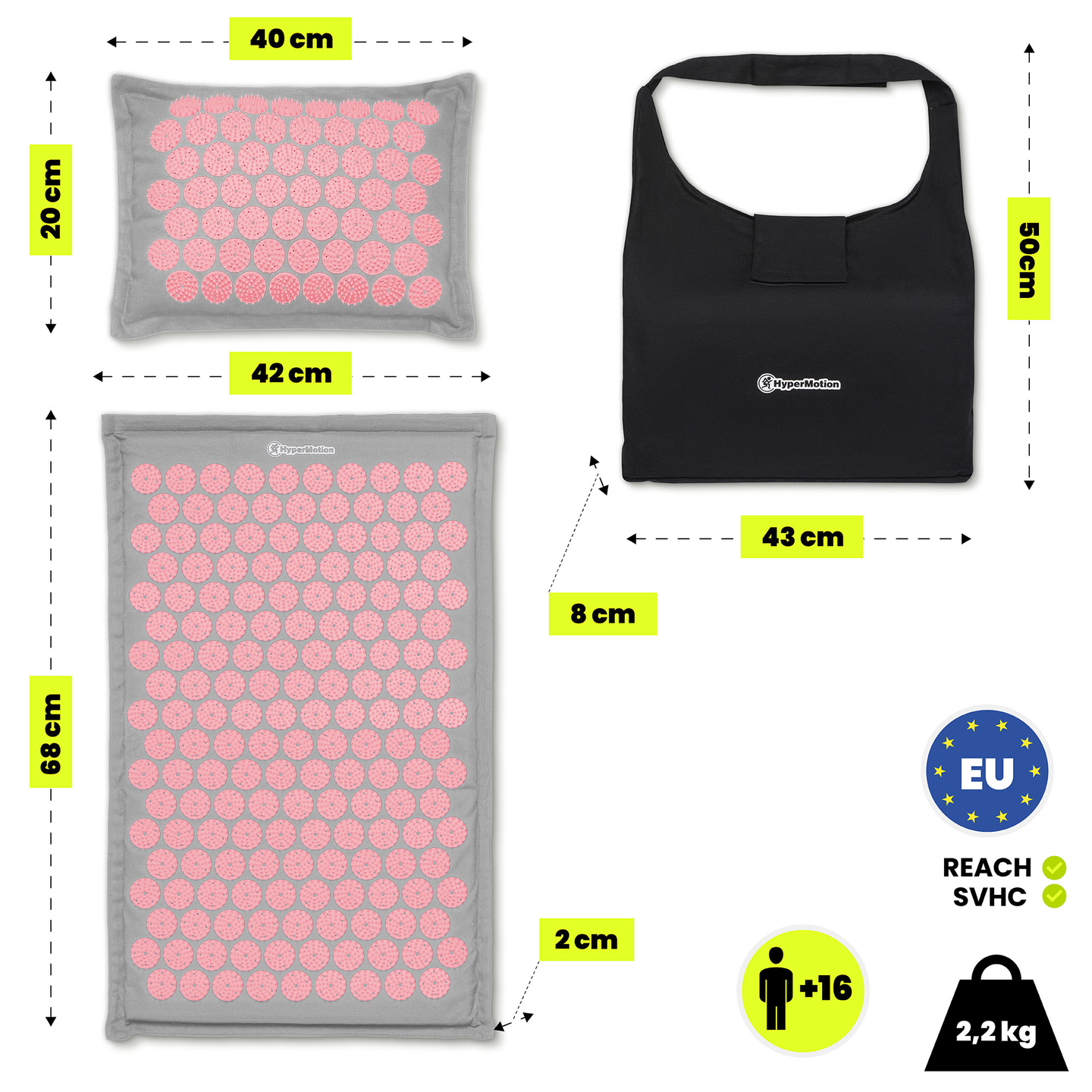 EKO lininis akupresūros kilimėlis su kokosų pluoštu ir grikių pagalvėle – 68 cm, pilkas ir rožinis, „HyperMotion“