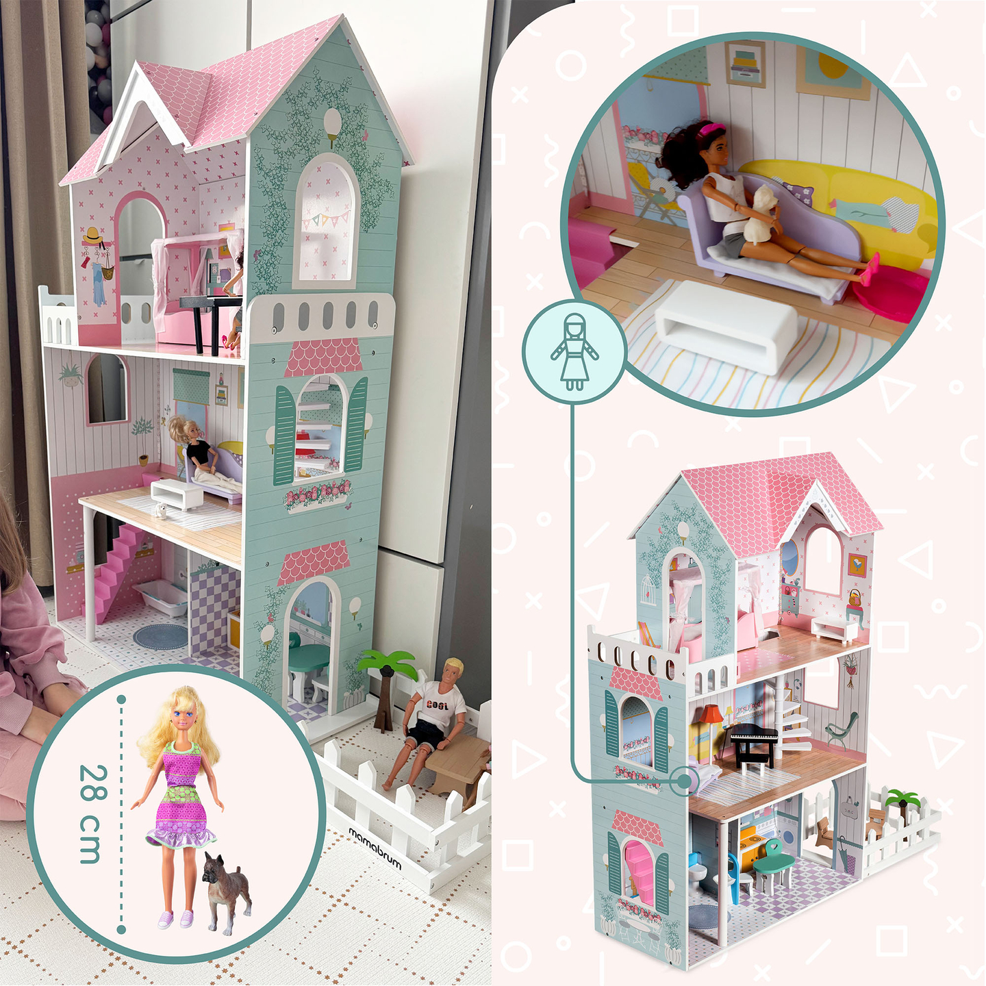 XXL Didžiausias medinis lėlių namelis - 123 cm - LED apšvietimas - terasa, aksesuarai, sodas