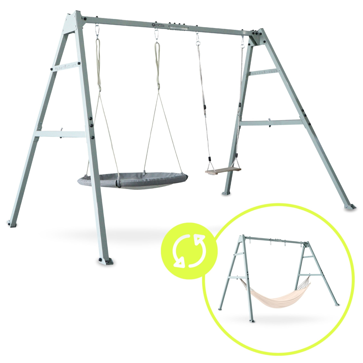 Dvigubos sūpynės su priedais - plieninis rėmas - eršketo lizdas, sūpynės ir hamakas