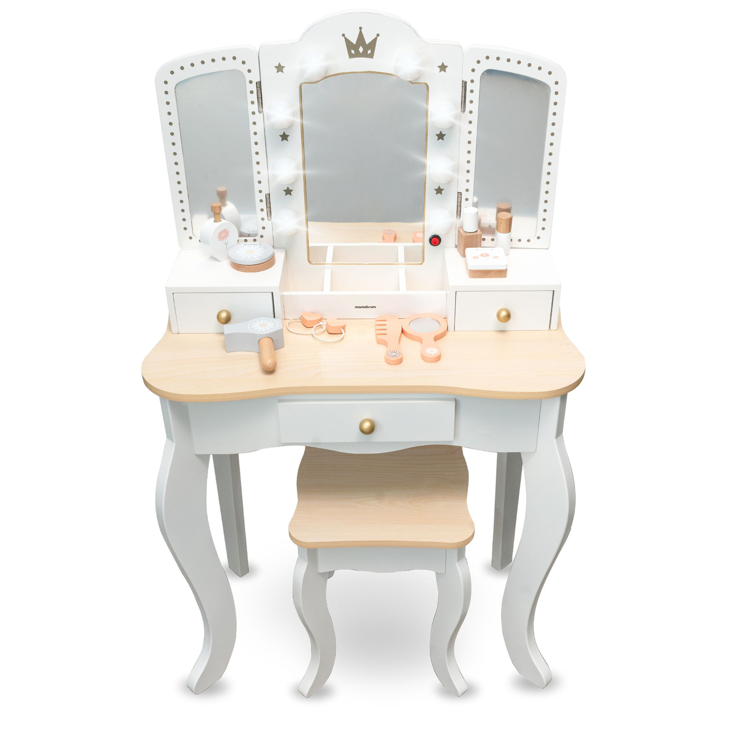 XXL medinis tualetinis staliukas su taburete ir LED apšvietimu vaikams + priedai