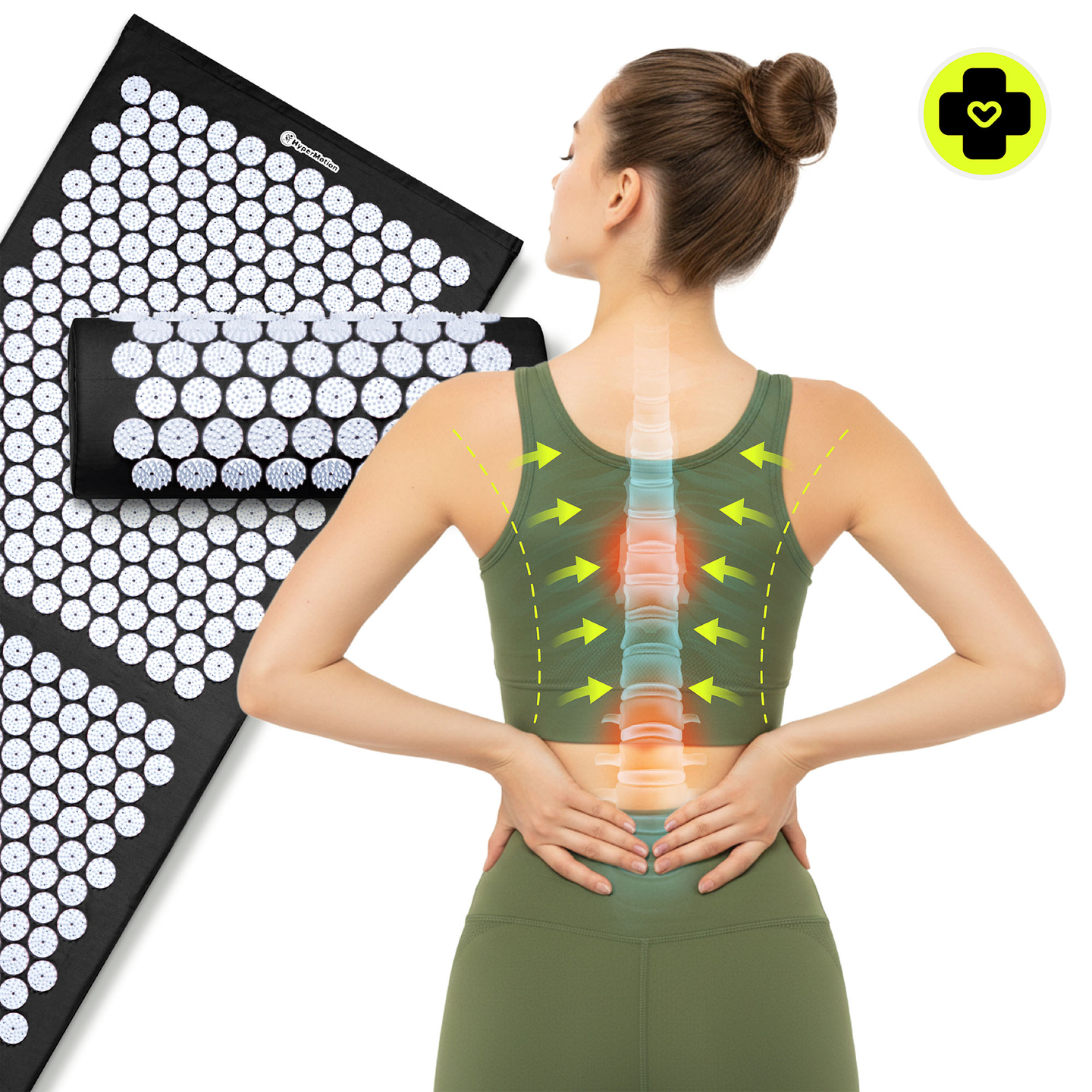 Didelis akupresūros kilimėlis su pagalvėle ir užvalkalu – 130 cm „HyperMotion“ juodos ir baltos spalvos