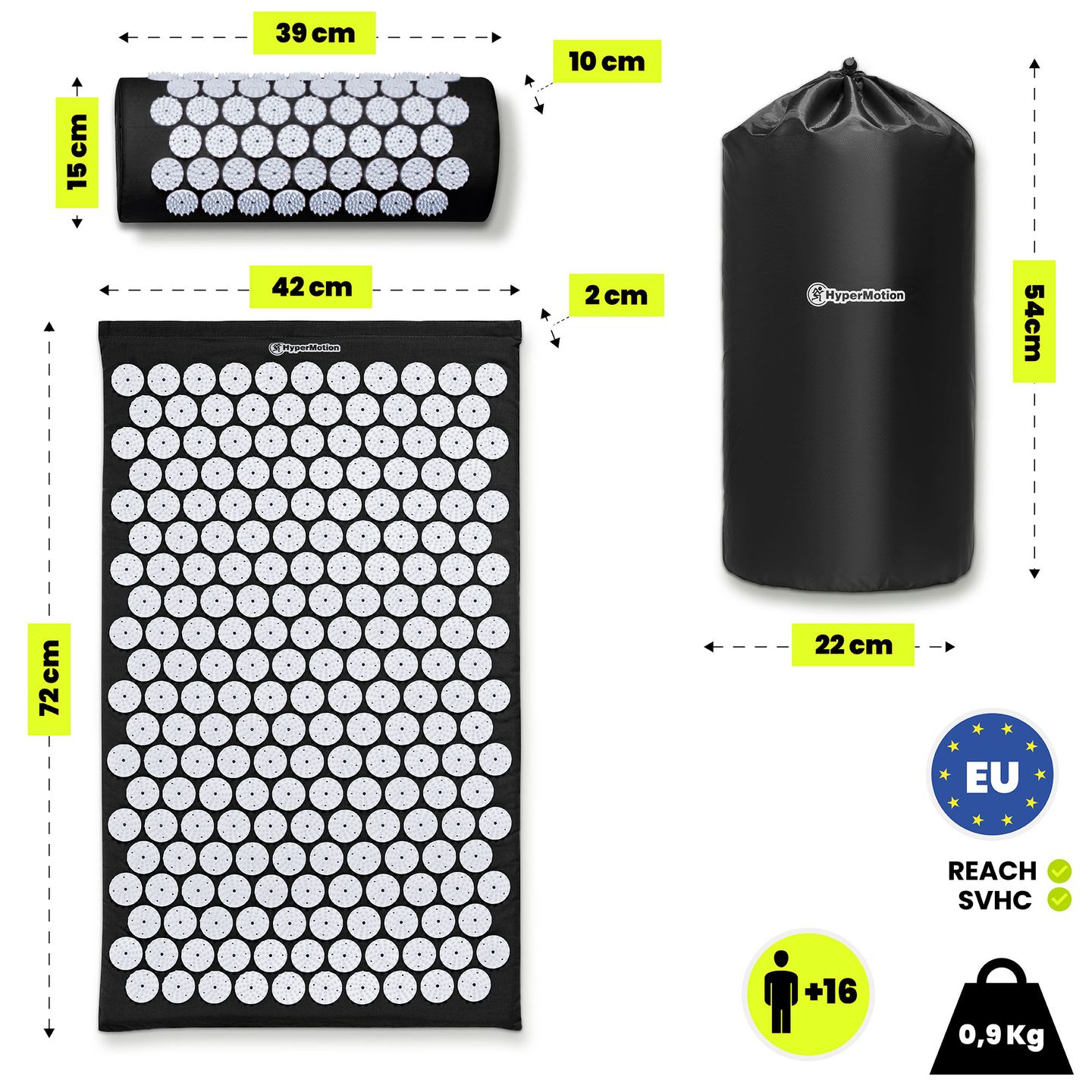 Akupresūros kilimėlis su pagalvėle ir užvalkalu – 72 cm „HyperMotion“ juodos ir baltos spalvos