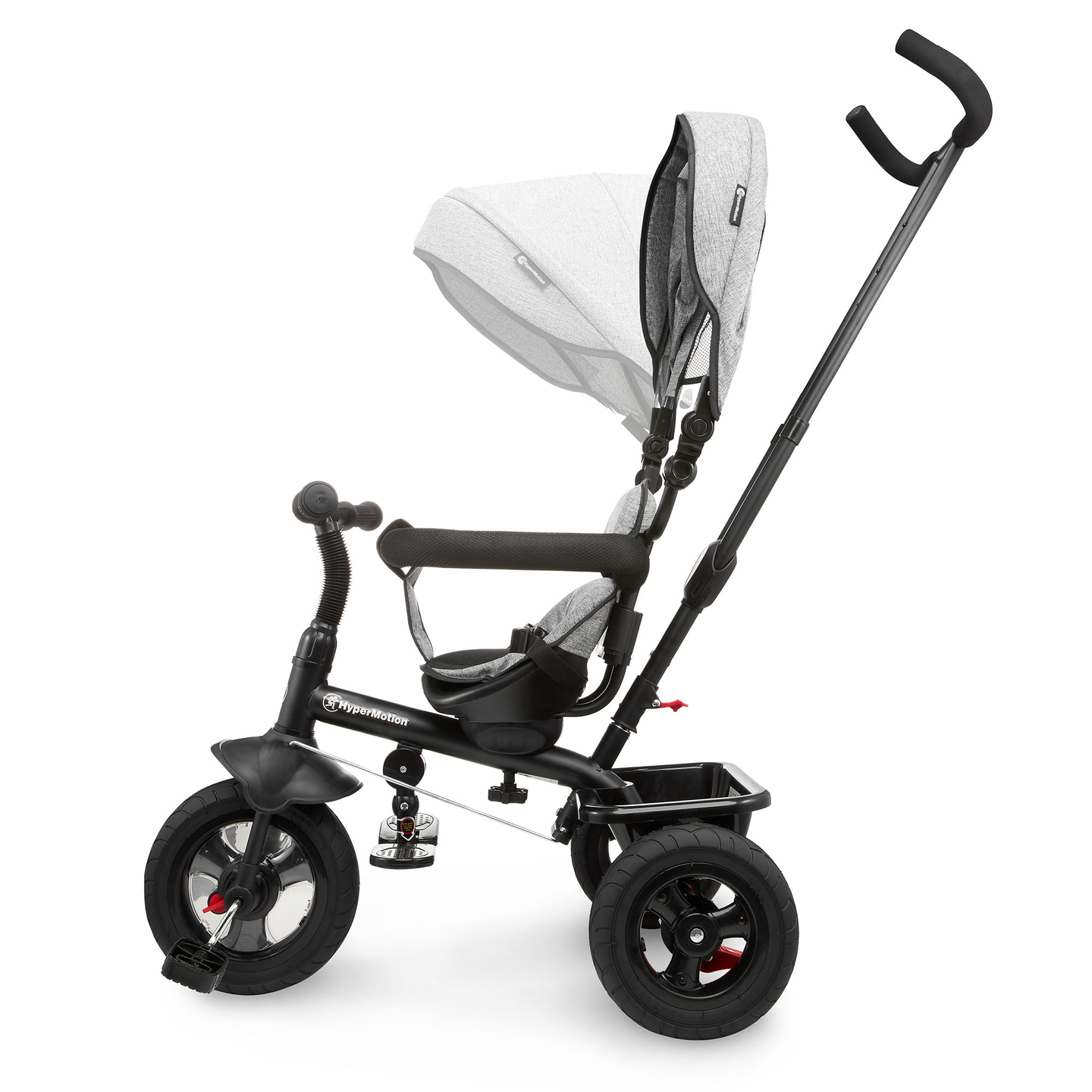 Triratukas 1-4 metų vaikams - TOBI FREY - pilka spalva - pasukamas - pompiniai ratai + stūmiklis