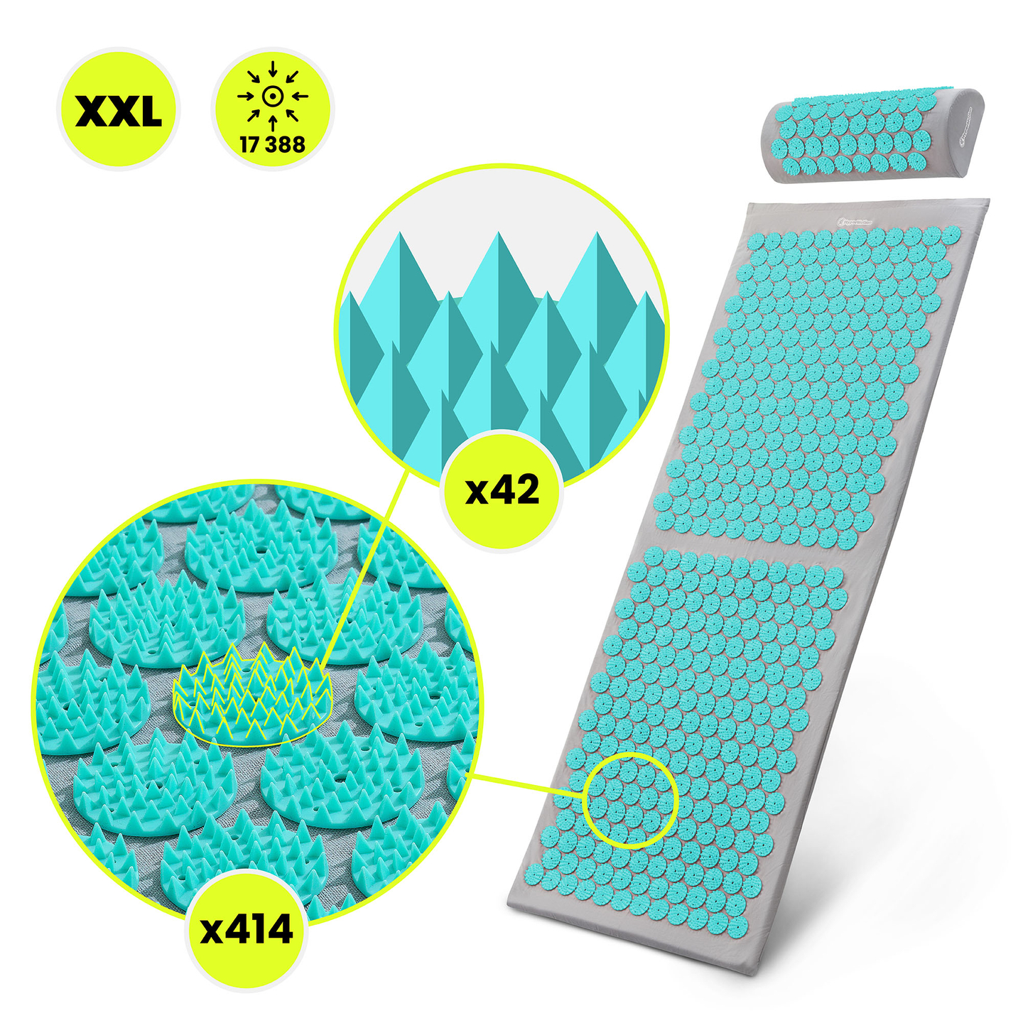 Didelis akupresūros kilimėlis su pagalvėle ir užvalkalu – 130 cm „HyperMotion“ pilkai mėtinis