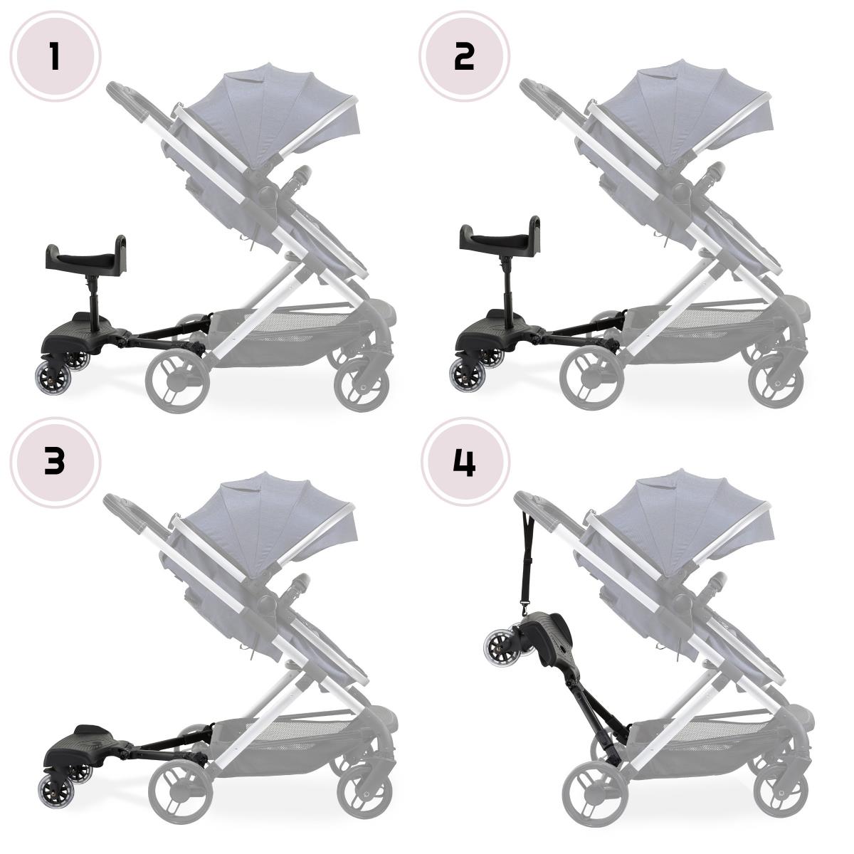 Vaikiško vežimėlio pratęsimas su reguliuojama sėdyne ir universalia tvirtinimo sistema - "Moby-System BUGGY2GO