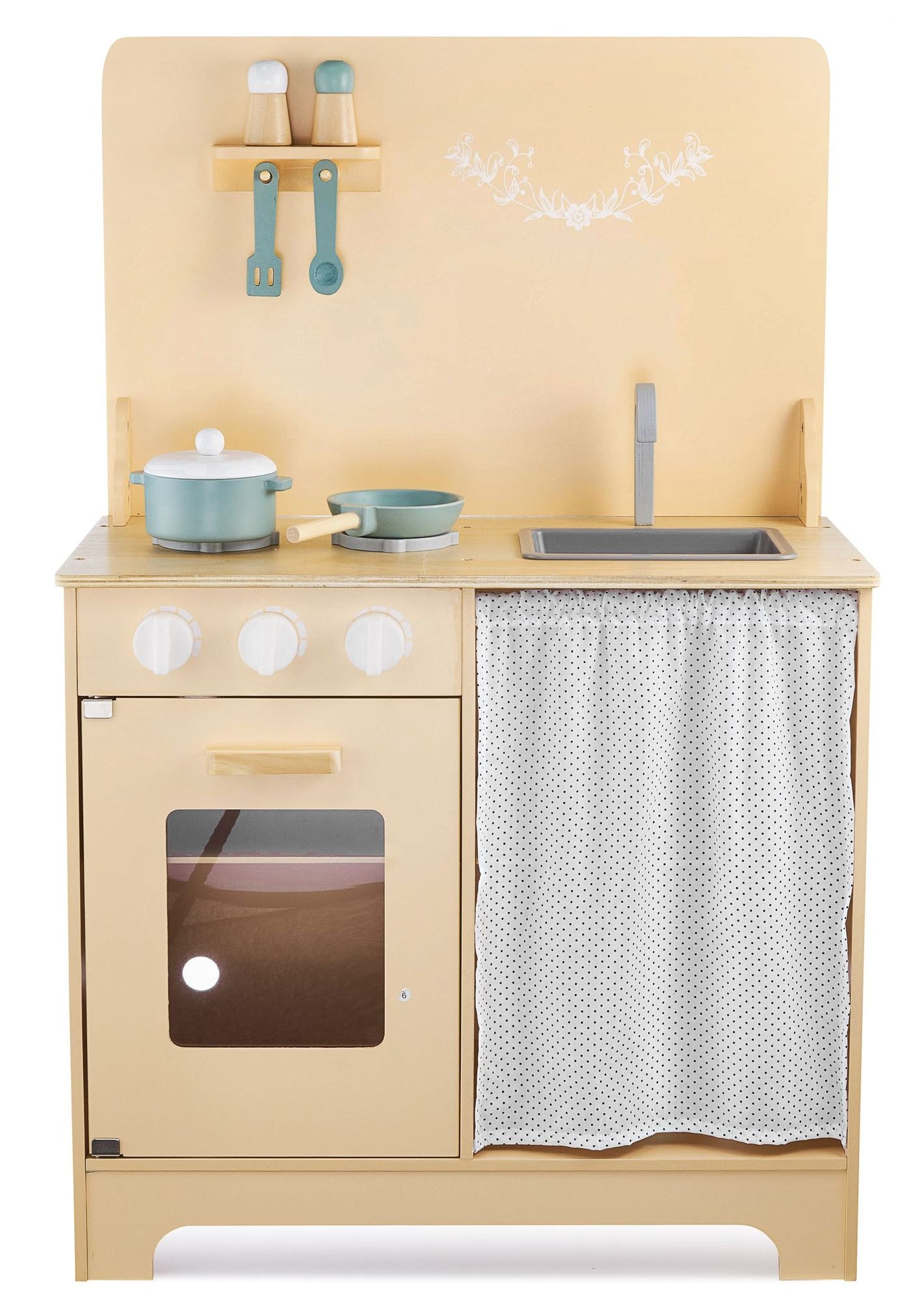 Medinė virtuvė su prijuoste, priedais ir LED apšvietimu