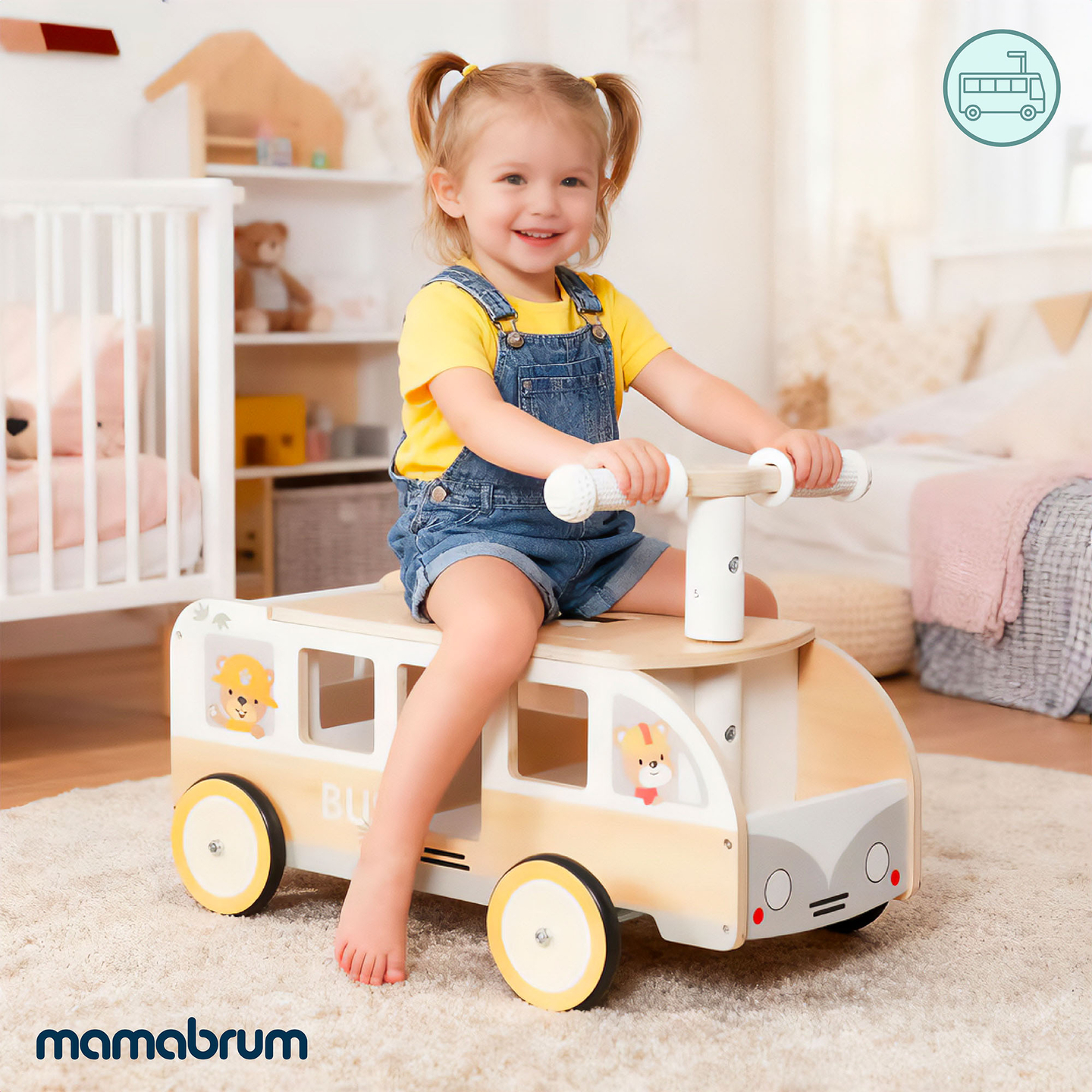 Medinis autobusiukas vaikams - Autobusiukas su daiktadėžėmis ir vieta pliušiniams žaislams