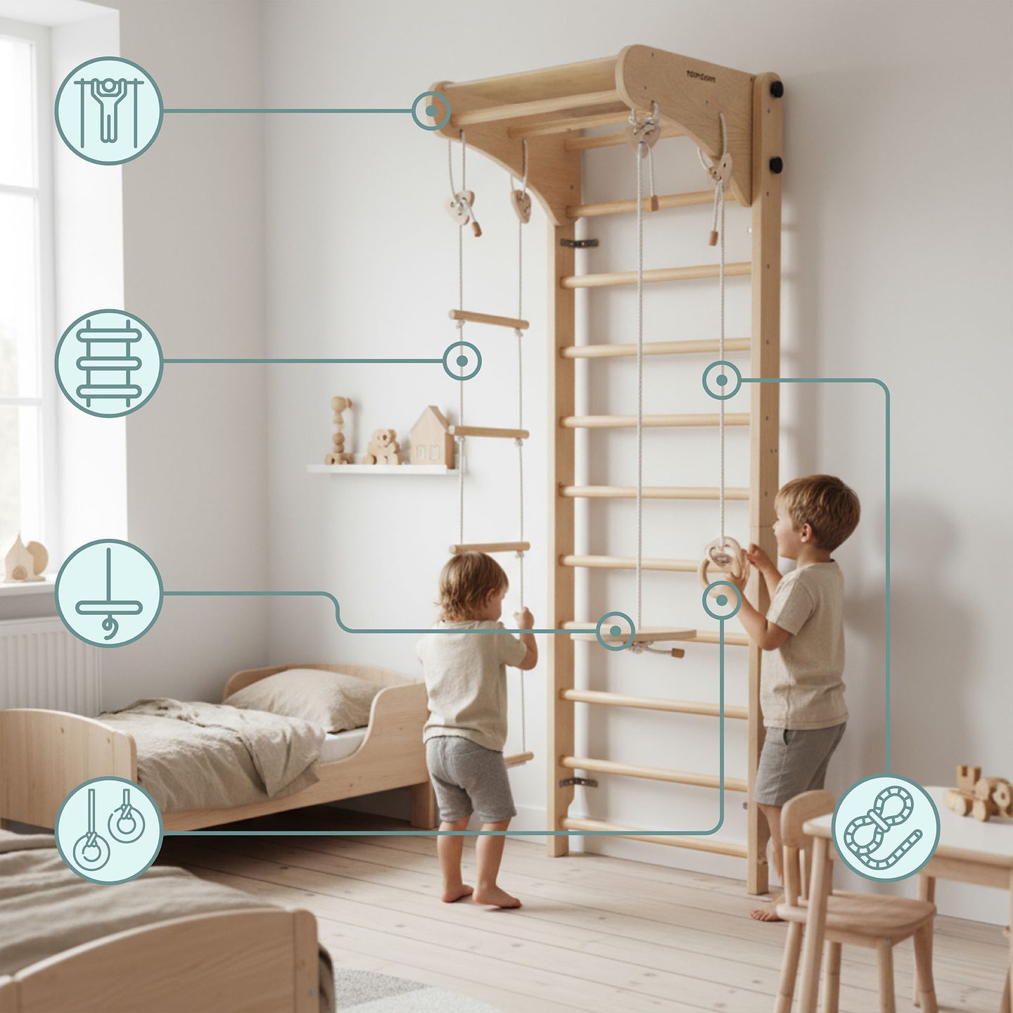 Medinės gimnastikos kopėčios vaikams su priedais - sūpynės su plokštelėmis, gimnastikos žiedai ir virvinės kopėčios