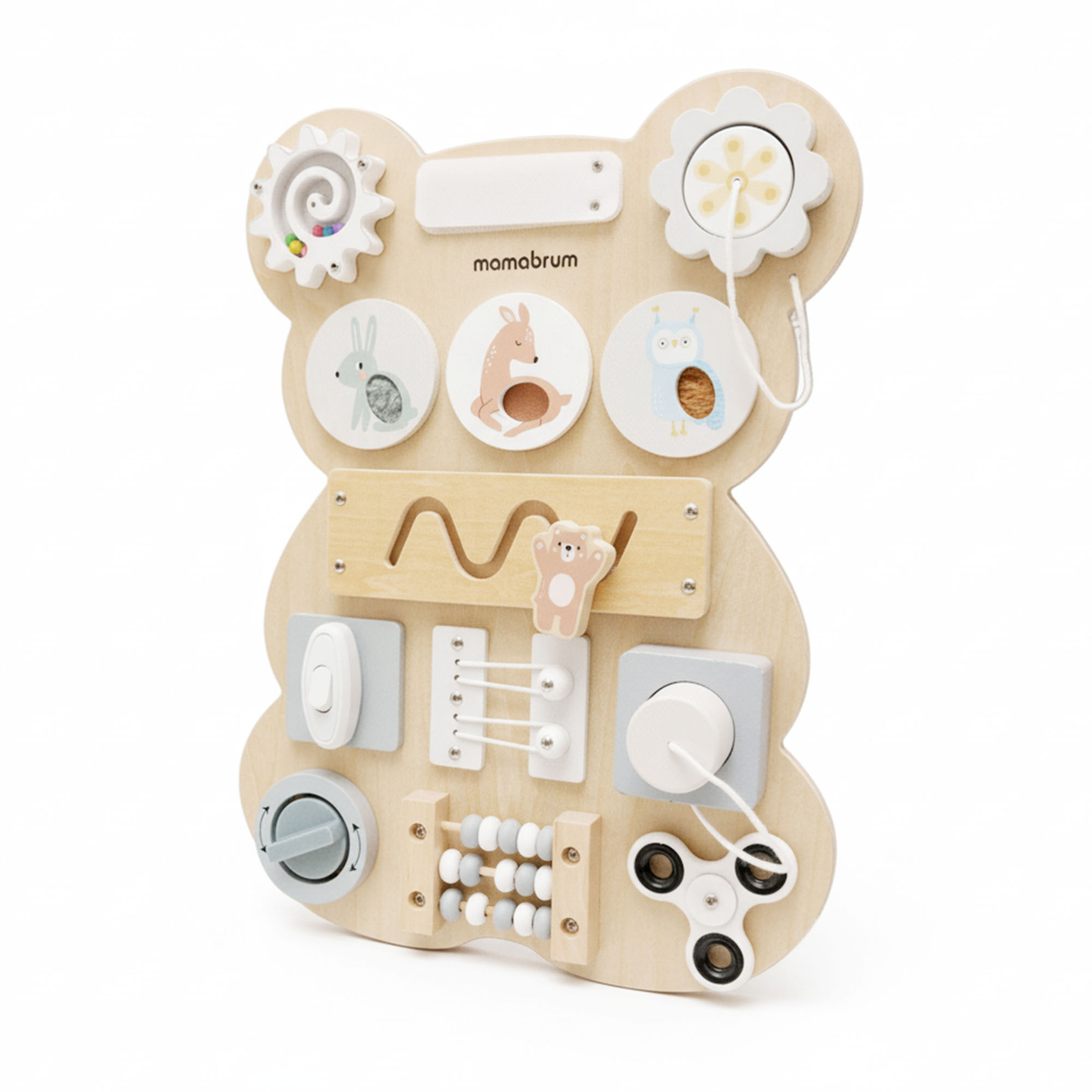 Medinė Montessori meškiuko manipuliacinė lenta - sensorinis savarankiškumo mokymasis: lipdukas, kaištis, labirintas, spragtelėjimo rankenėlė