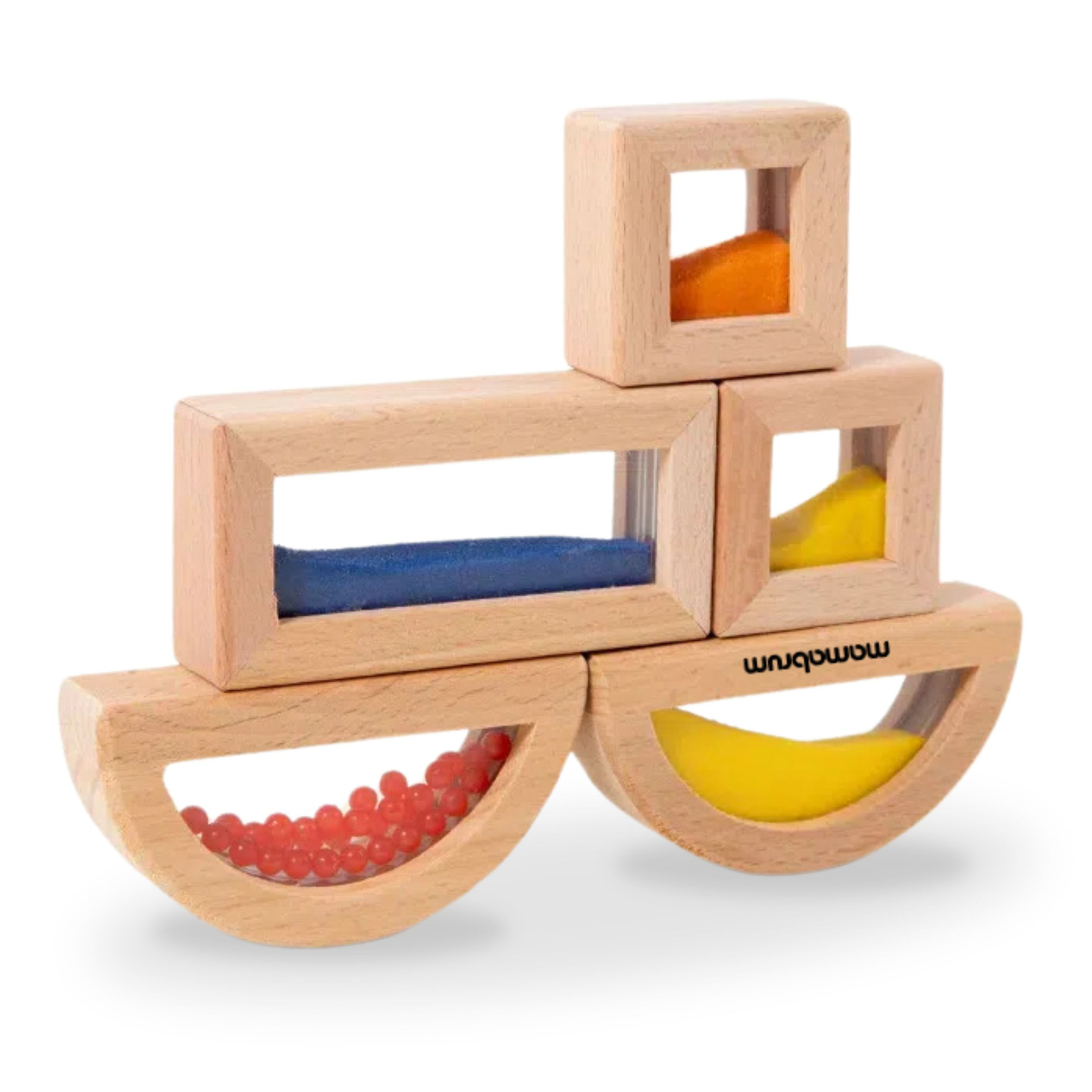 Medinių sensorinių kaladėlių su skirtingais užpildais rinkinys - 15 dalių