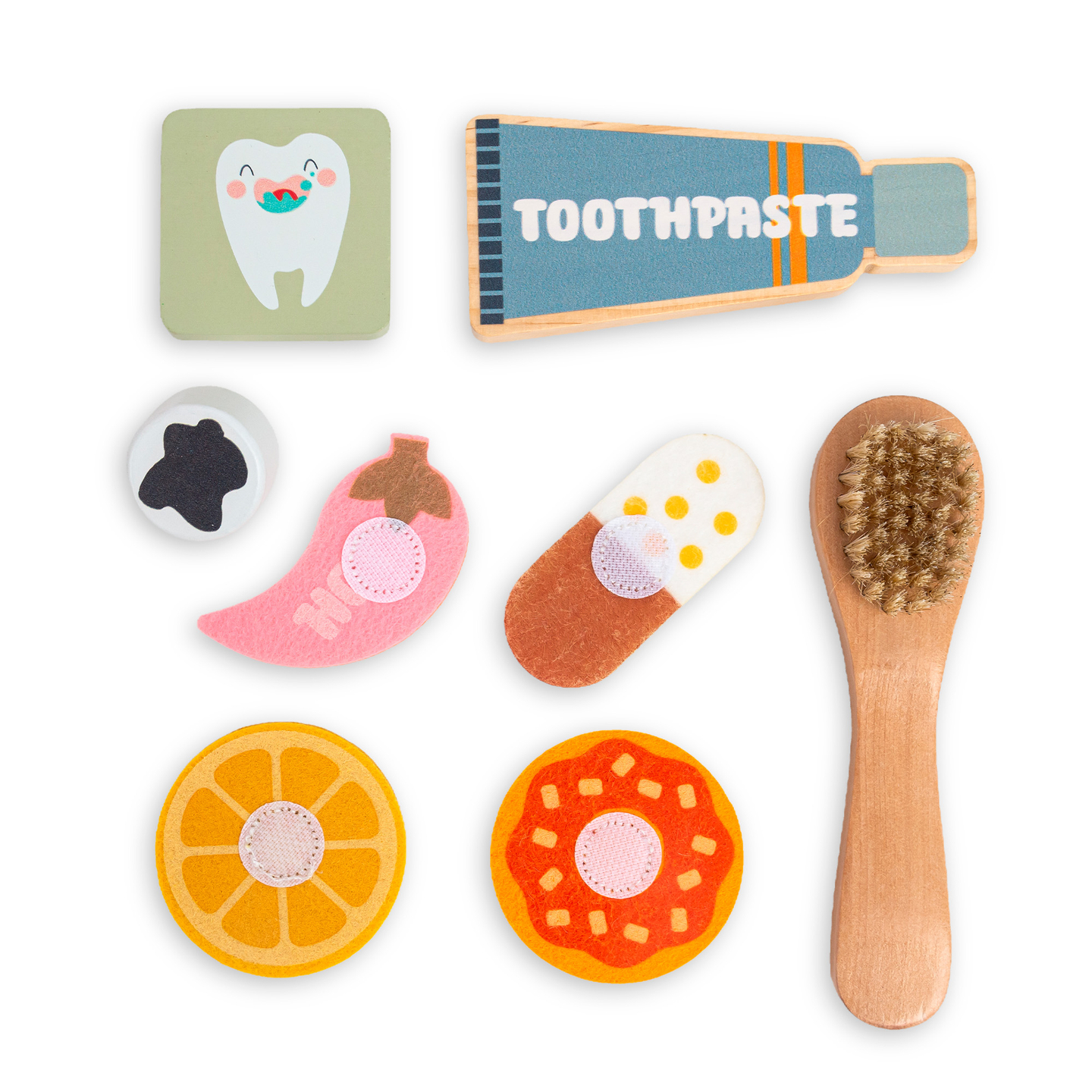 Medinė Montessori edukacinė lenta Mažasis odontologas - dantų šepetėlis, dantų pasta, išimami dantys, veidrodėlis, maistas, mokymosi skoniai