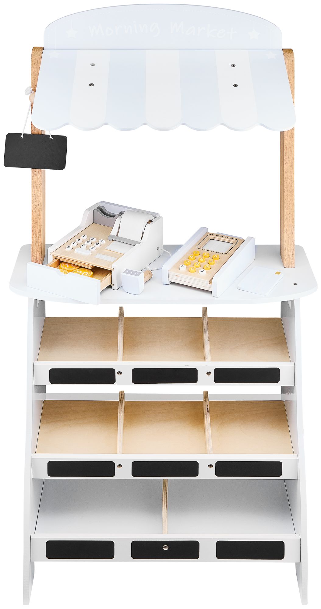 Daržovių parduotuvė - medinis prekystalis su dėžėmis, kasos aparatu ir terminalu