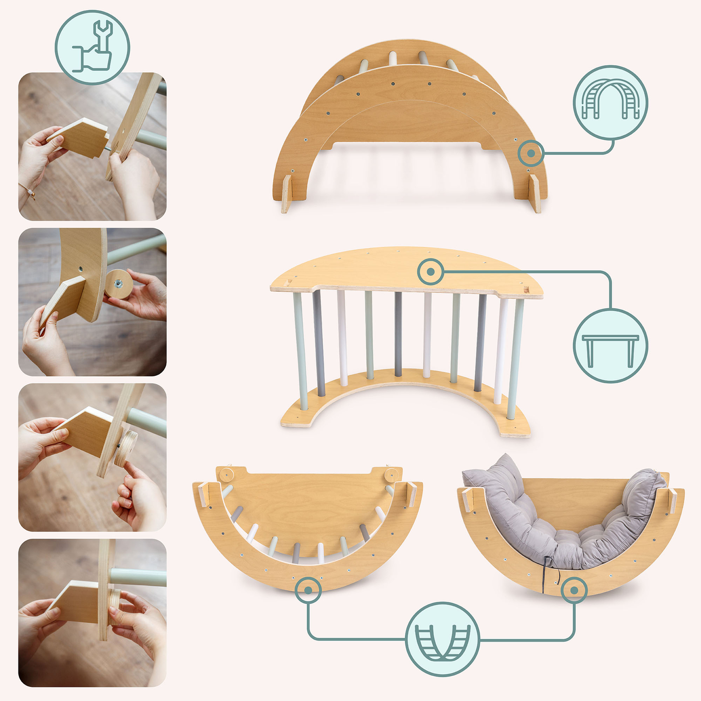 Medinė vaikų žaidimų aikštelė viduje – laipiojimo siena, čiuožykla, laipiojimo arka/suptuvėlė ir Piklerio trikampis