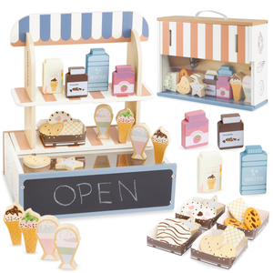 Sulankstoma medinė parduotuvė - kavinė, cukrainė su priedais