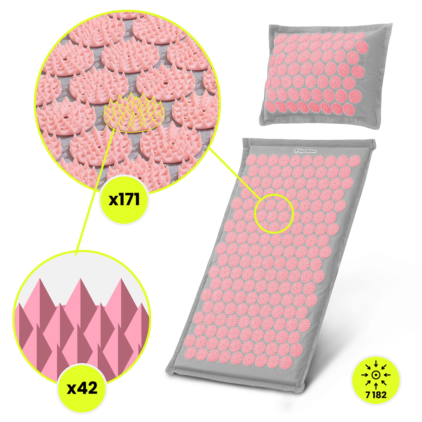 EKO lininis akupresūros kilimėlis su kokosų pluoštu ir grikių pagalvėle – 68 cm, pilkas ir rožinis, „HyperMotion“