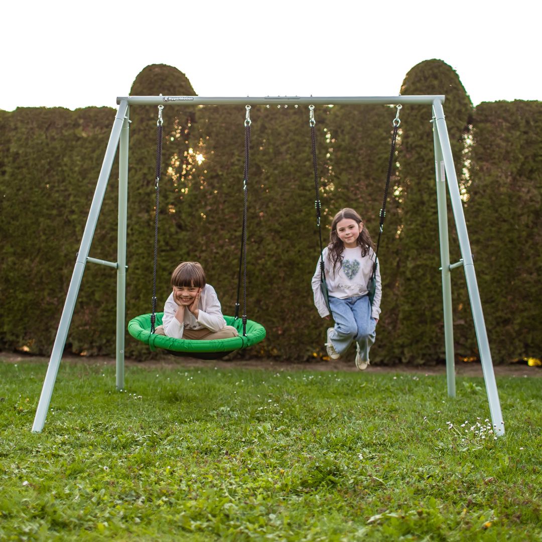 Dvigubos sodo sūpynės su karkasu ir virvėmis - sėdyne ir gandralizdžiu