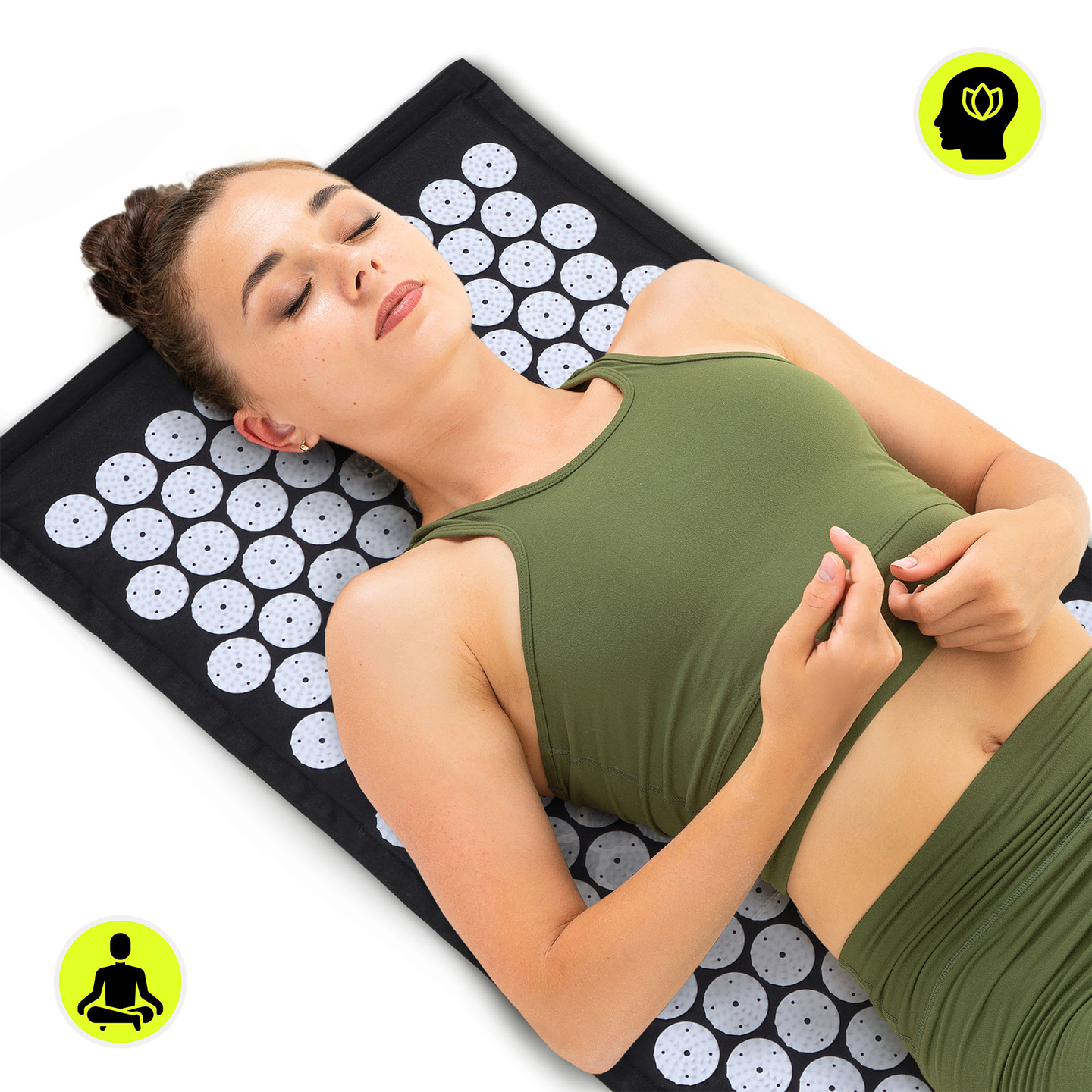 EKO lininis akupresūros kilimėlis su kokoso pluoštu ir grikių pagalvėle – 68 cm „HyperMotion“ juodos ir baltos spalvos