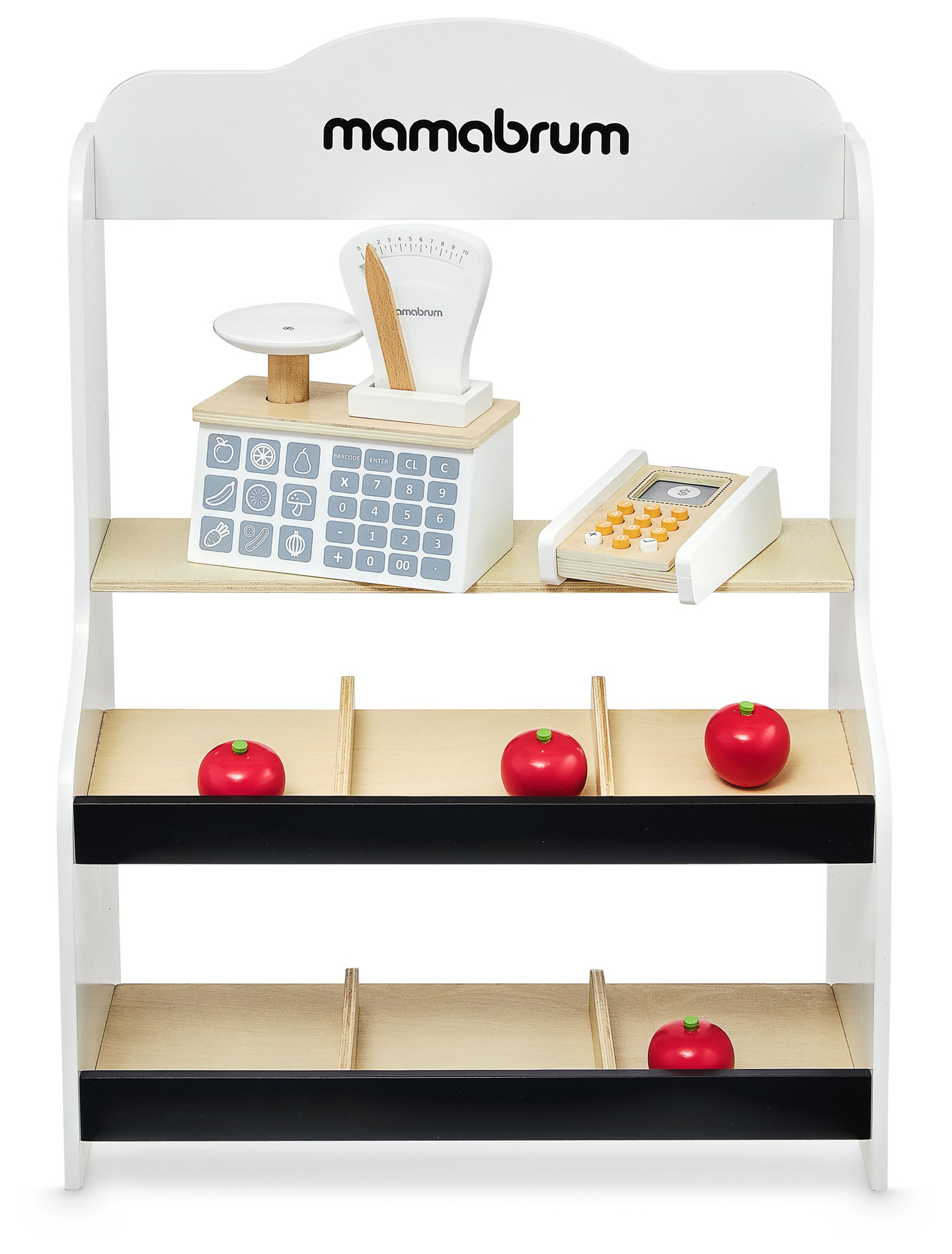 Mini turgus - parduotuvė su svarstyklėmis, terminalu, mokėjimo kortele ir vaisiais