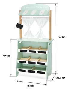 Didelė medinė parduotuvė - prekystalis ir teatras 2 viename su svarstyklėmis, mokėjimo terminalu, vaisiais ir daržovėmis