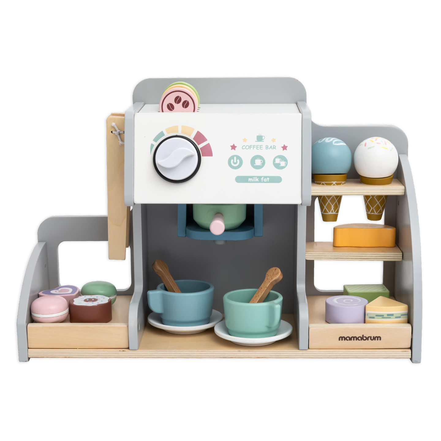 Didelė medinė ledainė su magnetine lenta, kavos aparatu ir ledų bei desertų rinkiniu - daugiau nei 70 detalių!