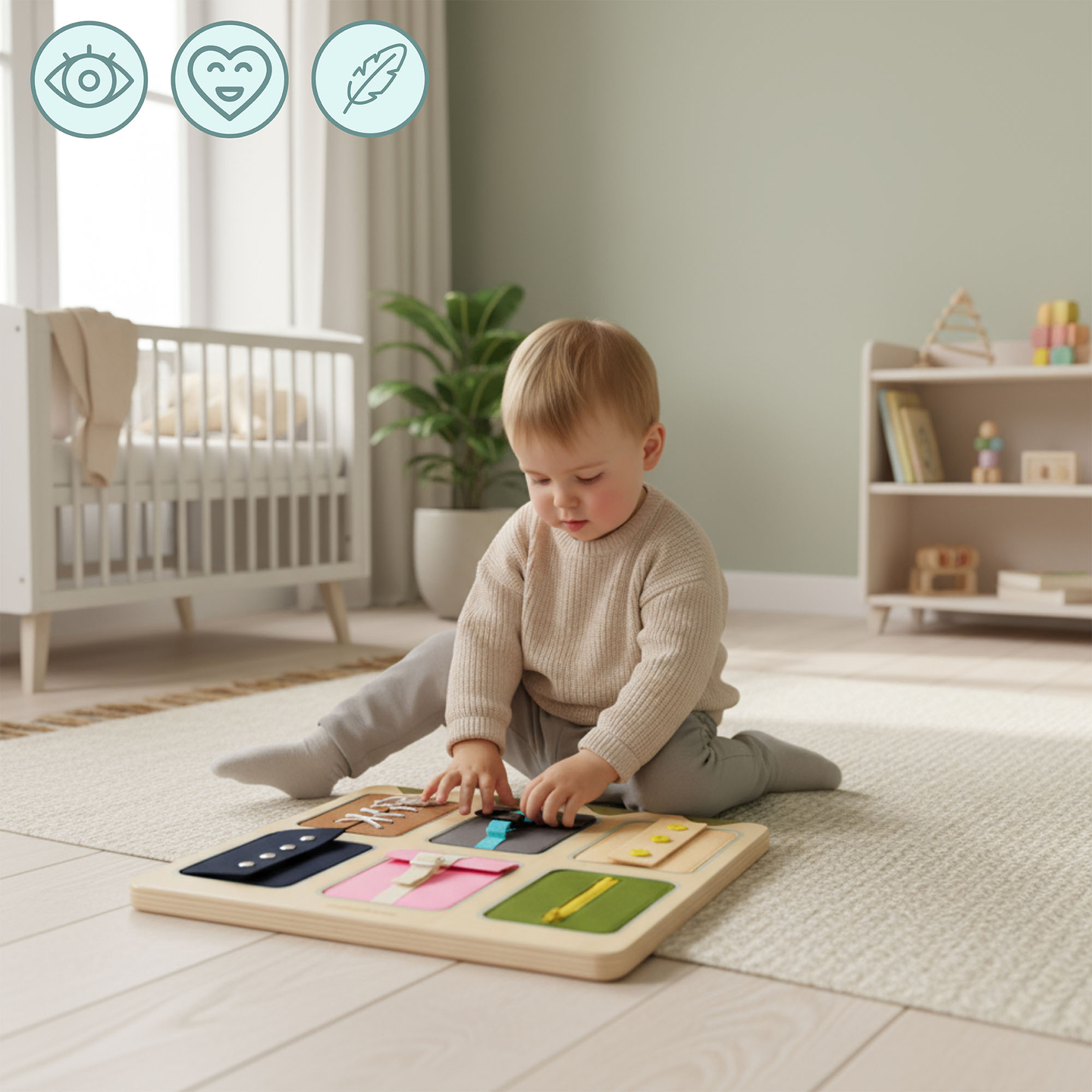 Medinė Montessori manipuliacinė lenta – sensorinis savarankiškumo mokymasis - raišteliai, sagtys, sagos, spaudės, užtrauktukas