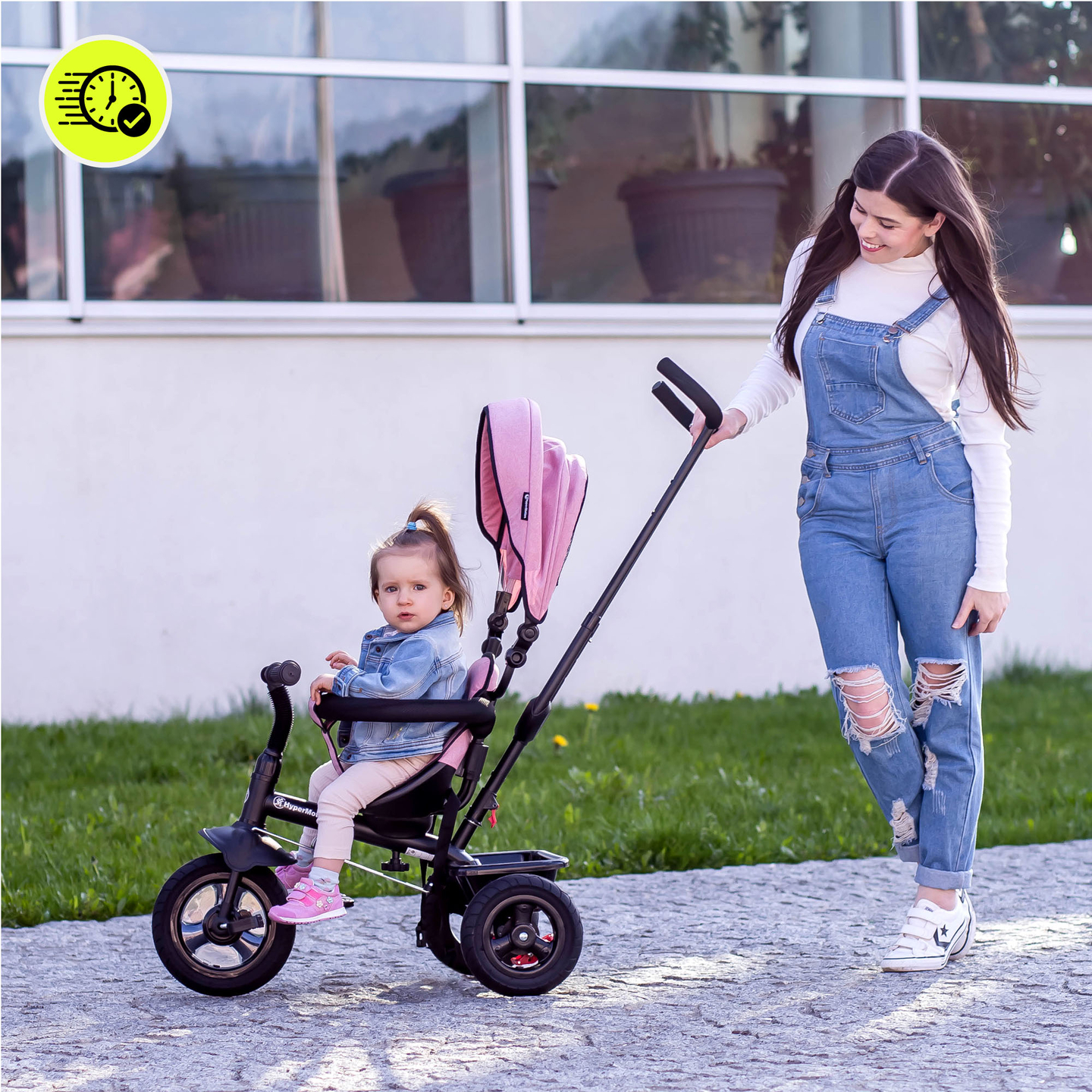 Triratukas 1-4 metų vaikams - TOBI FREY - rožinės spalvos - su pasukamais ratais + stūmiklis